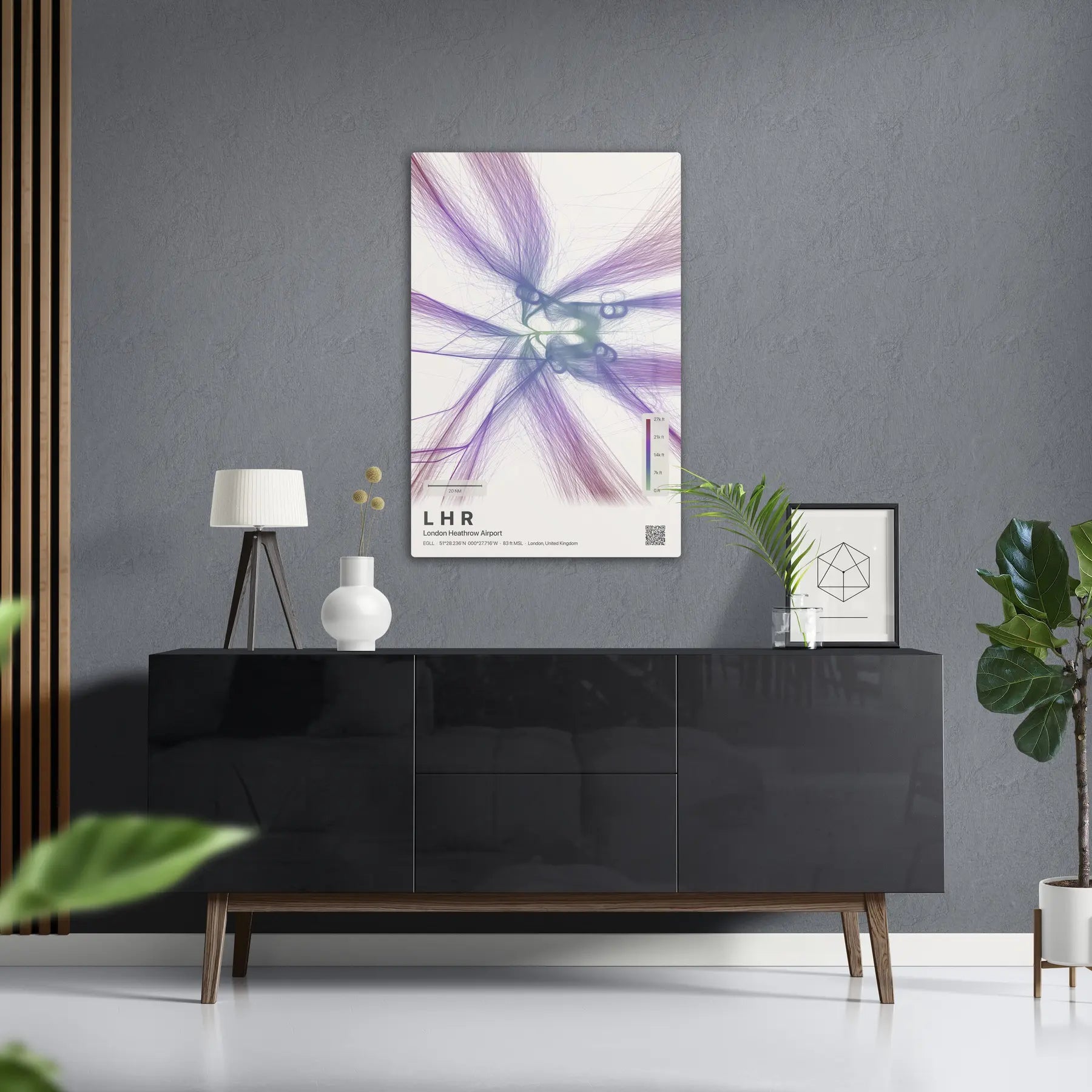 LHR flight path print — Prism theme · Light in foyer setting [hotspot:50]