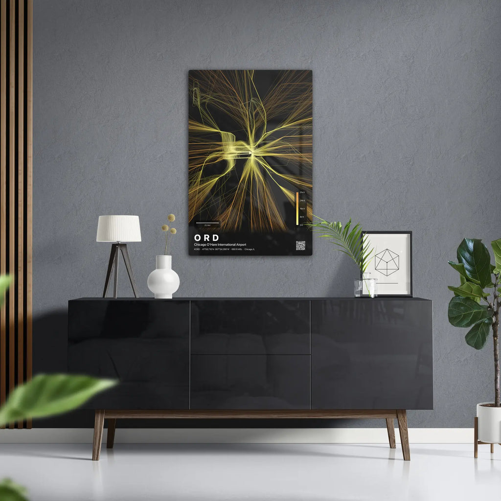 ORD flight path print — Solana theme · Dark in foyer setting [hotspot:50]