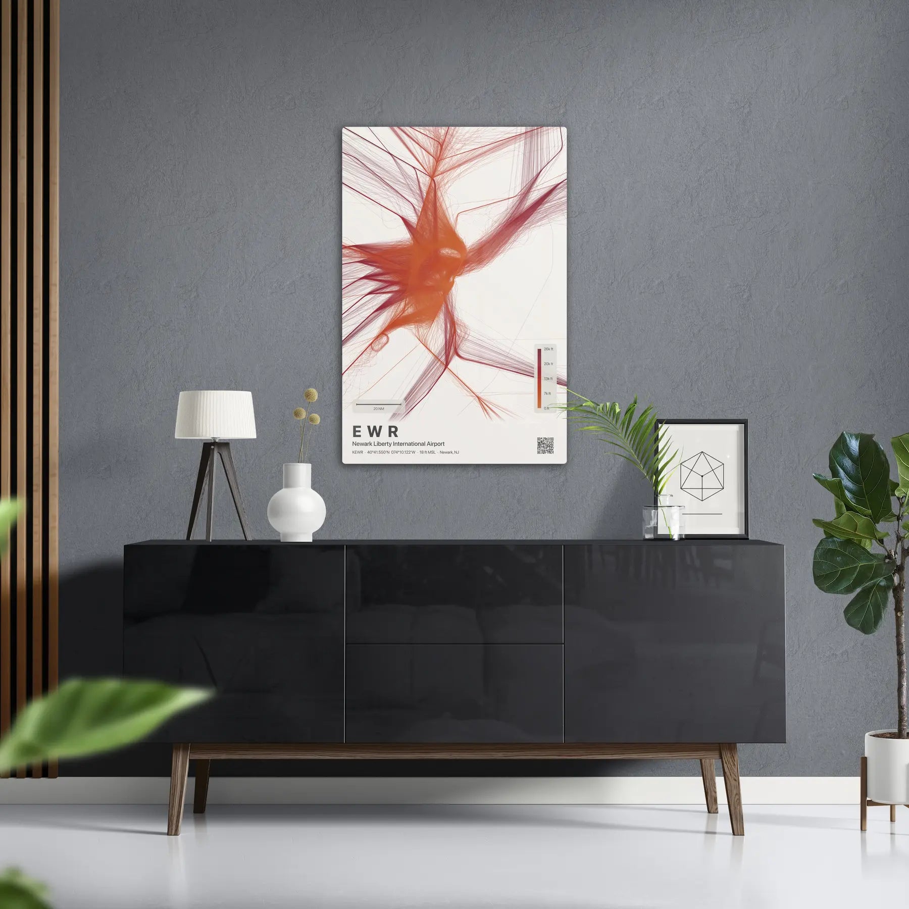 EWR flight path print — Inferno theme · Light in foyer setting [hotspot:50]