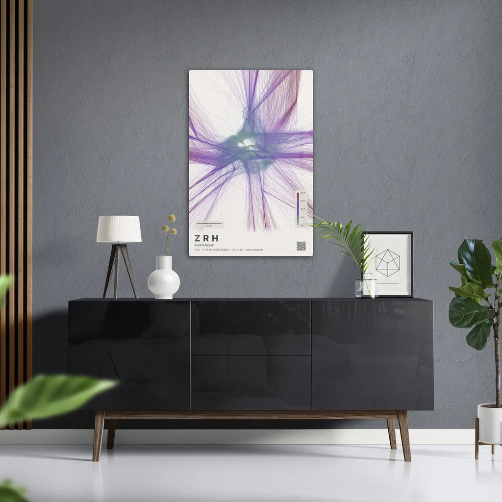 ZRH flight path print — Prism theme · Light in foyer setting [hotspot:50]