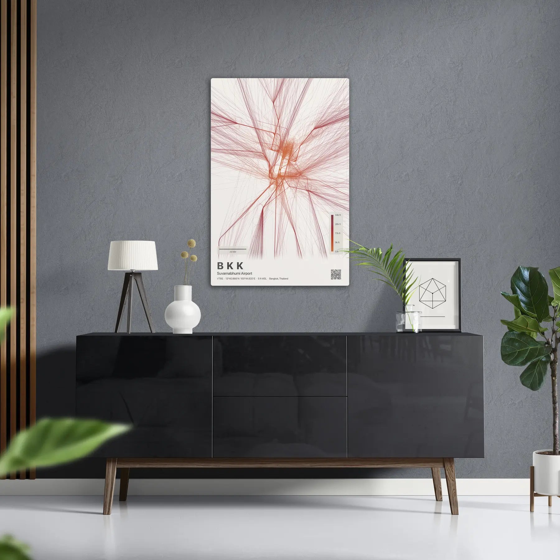 BKK flight path print — Inferno theme · Light in foyer setting [hotspot:50]