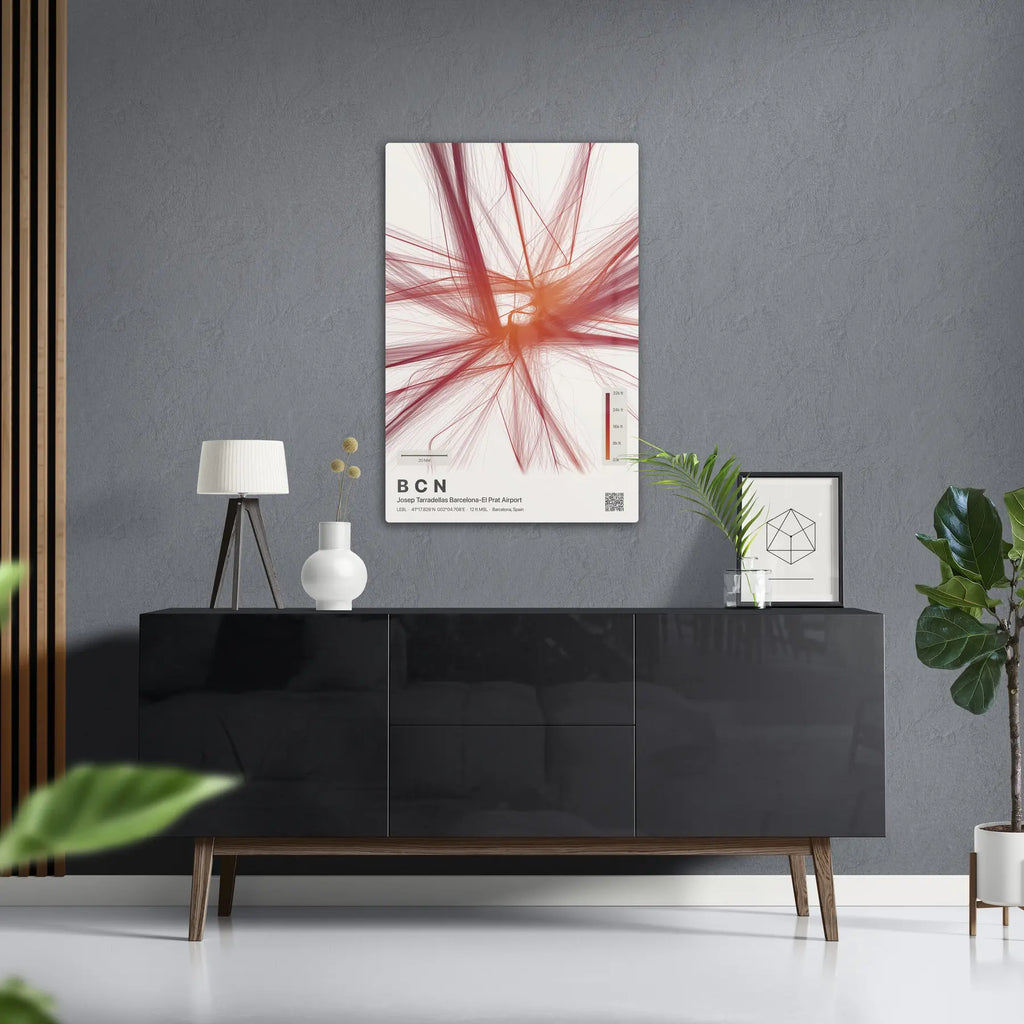 BCN flight path print — Inferno theme · Light in foyer setting [hotspot:50]