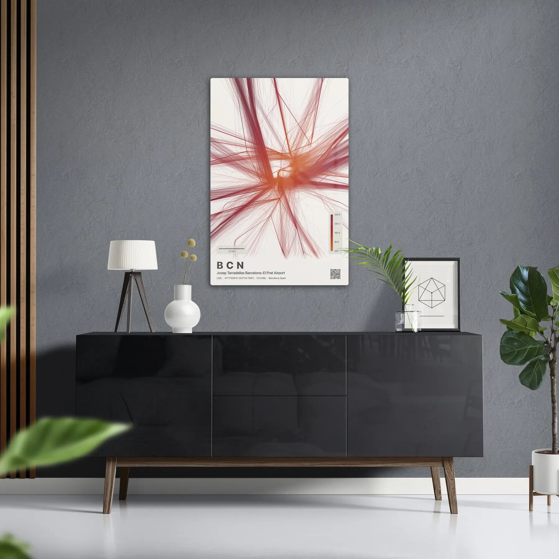 BCN flight path print — Inferno theme · Light in foyer setting [hotspot:50]