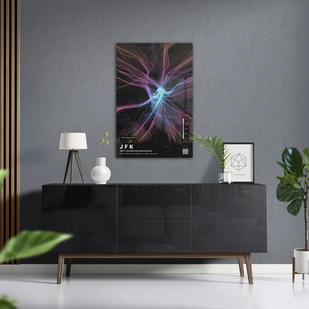 JFK flight path print — Aurora theme · Dark in foyer setting [hotspot:50]