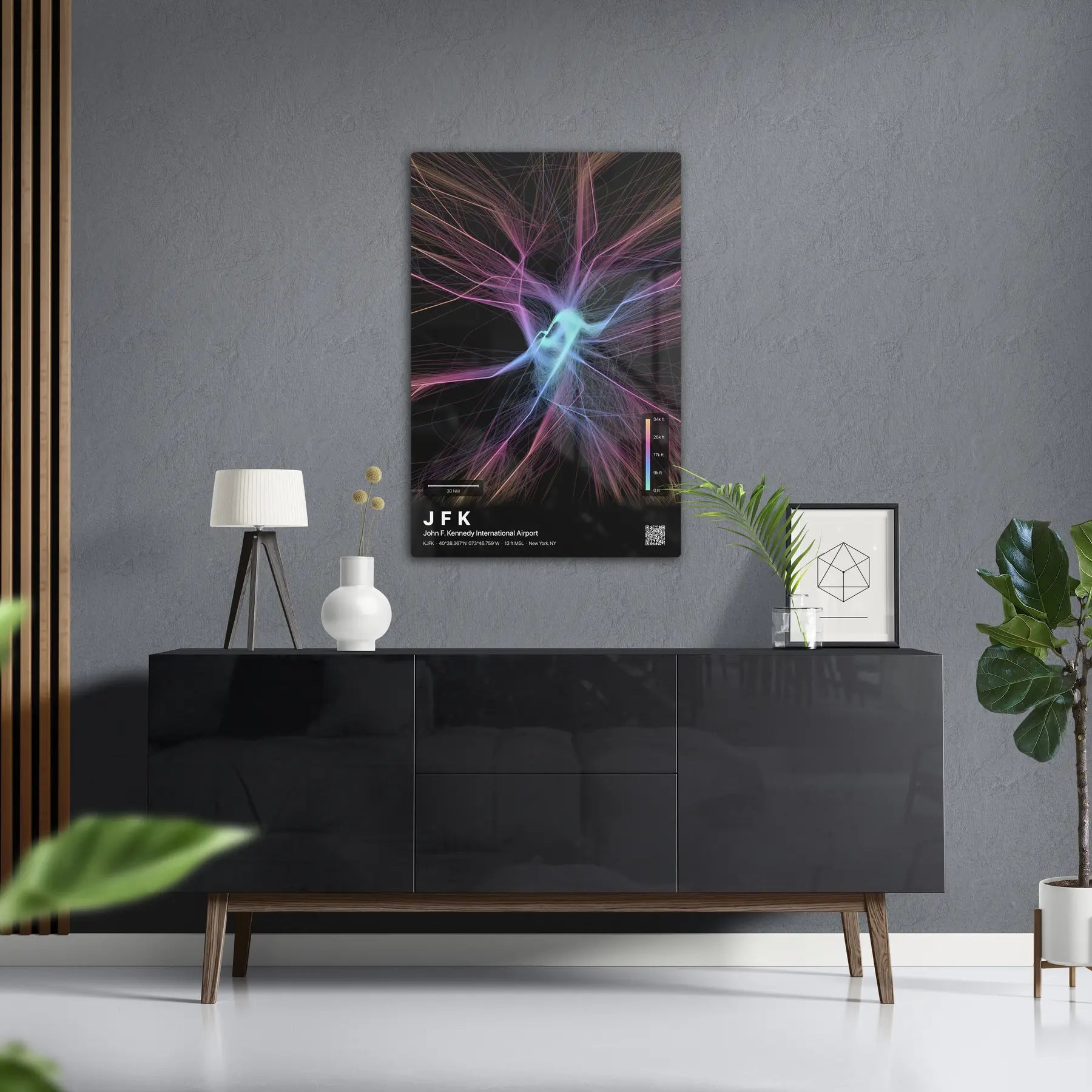 JFK flight path print — Aurora theme · Dark in foyer setting [hotspot:50]
