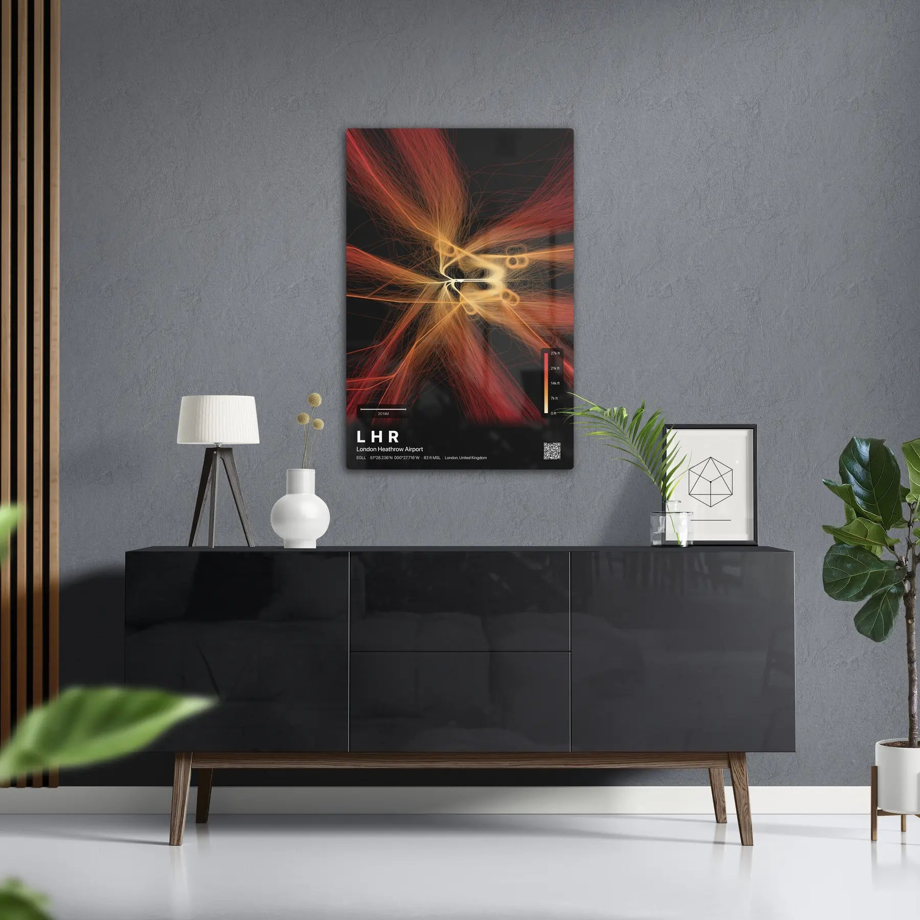 LHR flight path print — Inferno theme · Dark in foyer setting [hotspot:50]