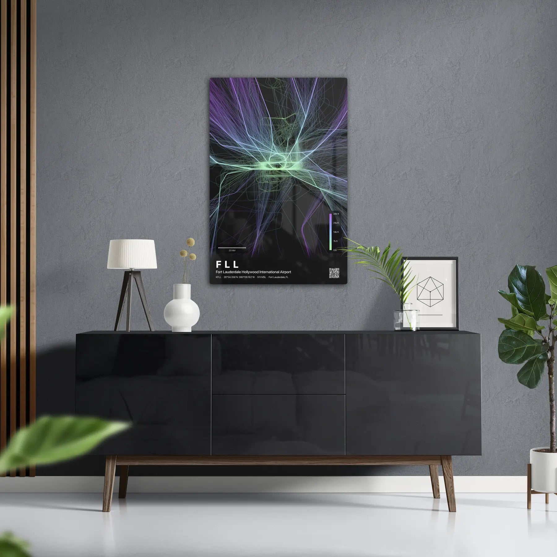 FLL flight path print — Prism theme · Dark in foyer setting [hotspot:50]