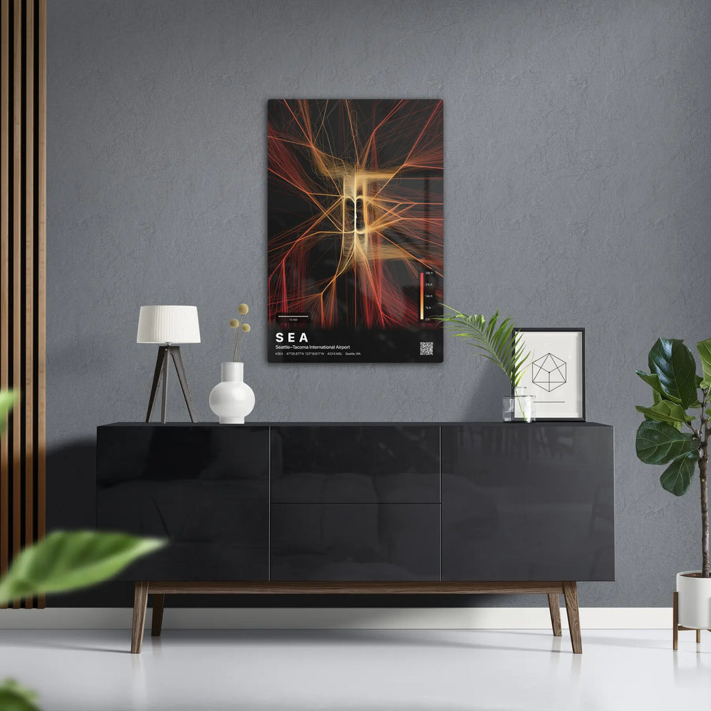 SEA flight path print — Inferno theme · Dark in foyer setting [hotspot:50]
