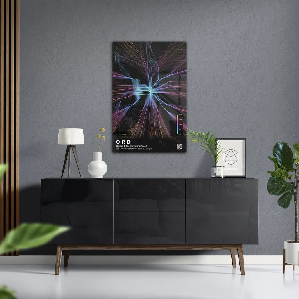ORD flight path print — Aurora theme · Dark in foyer setting [hotspot:50]