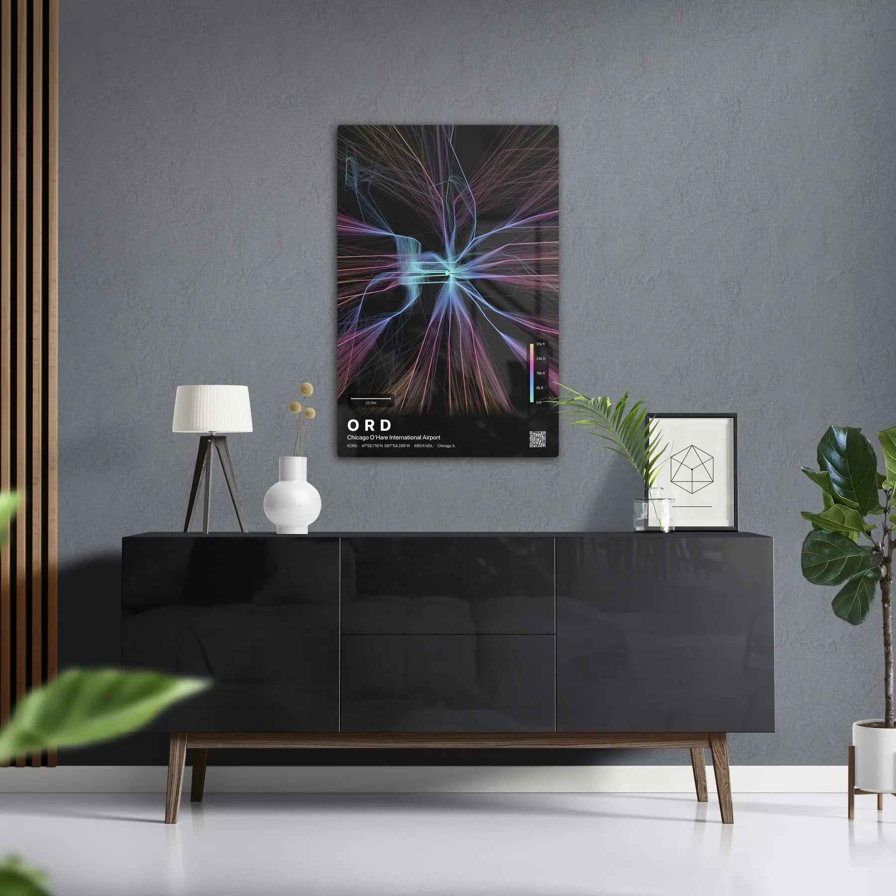 ORD flight path print — Aurora theme · Dark in foyer setting [hotspot:50]