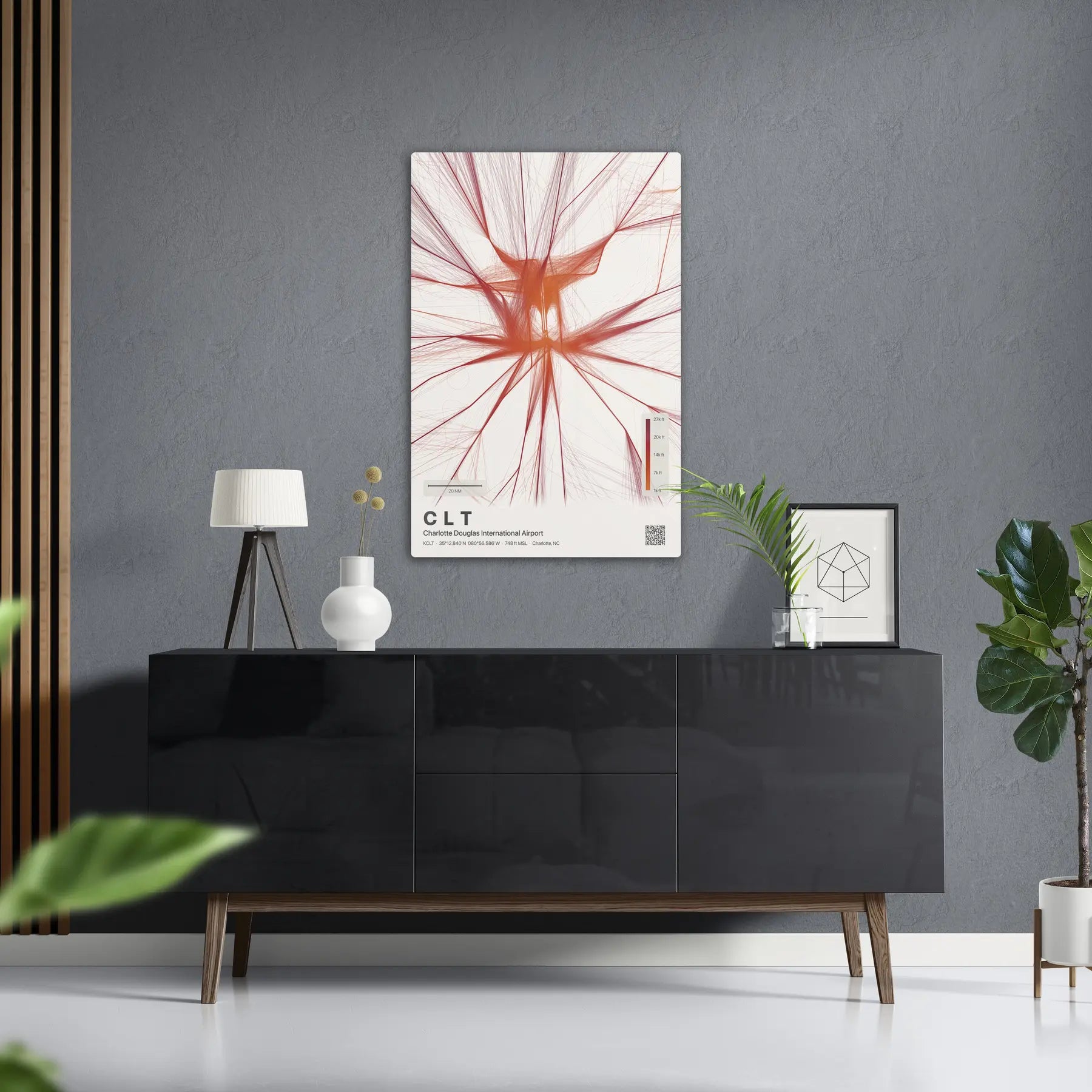 CLT flight path print — Inferno theme · Light in foyer setting [hotspot:50]