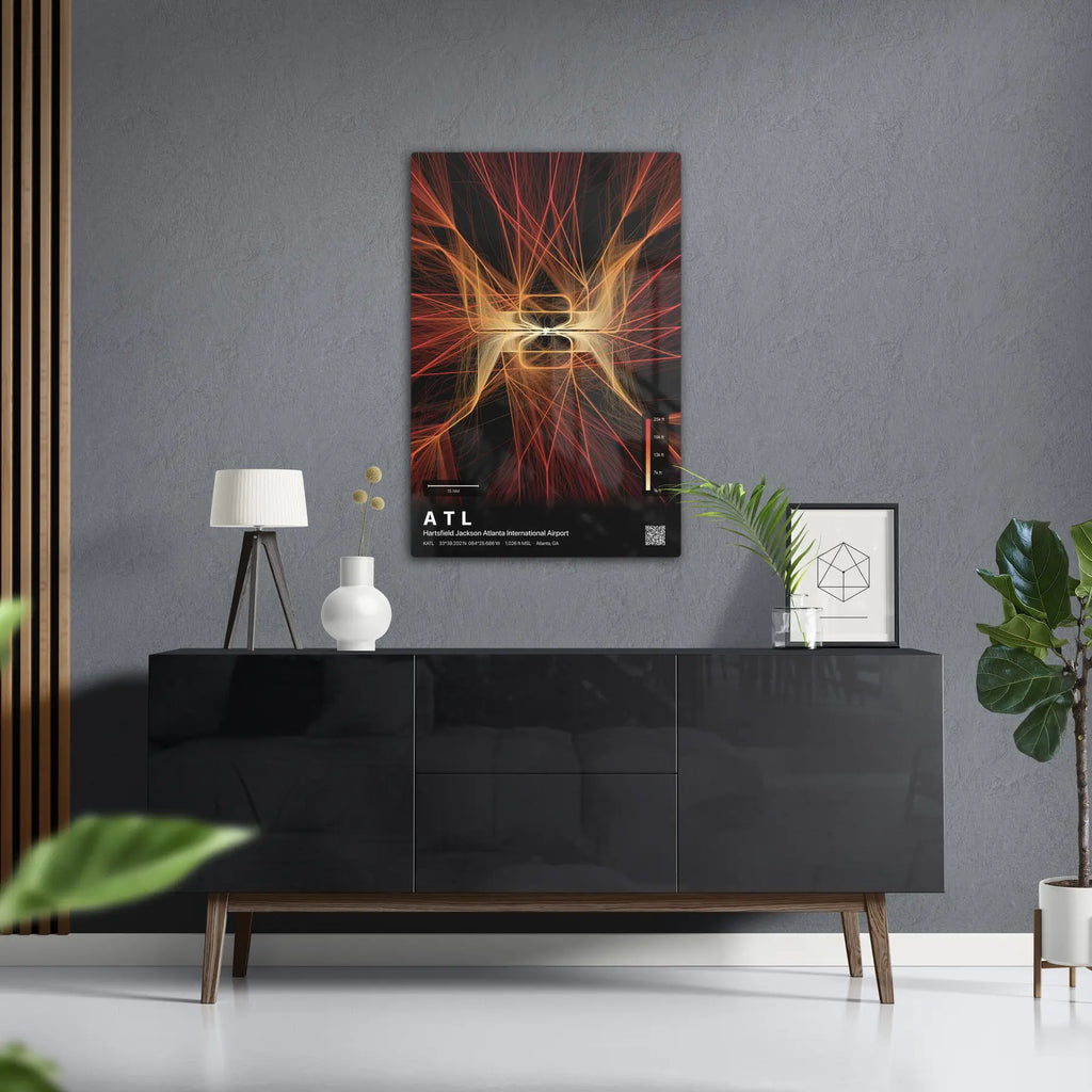 ATL flight path print — Inferno theme · Dark in foyer setting [hotspot:50]