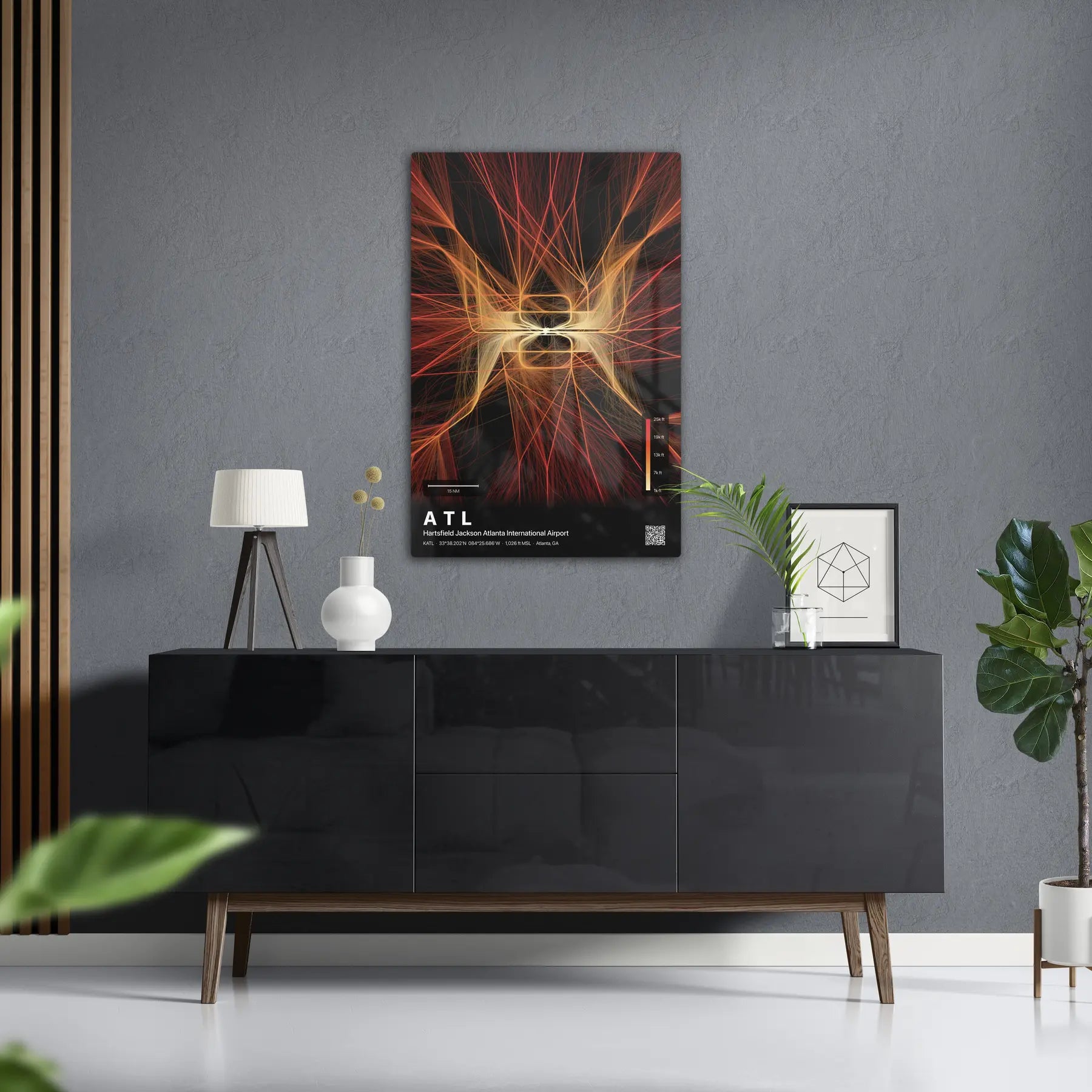 ATL flight path print — Inferno theme · Dark in foyer setting [hotspot:50]