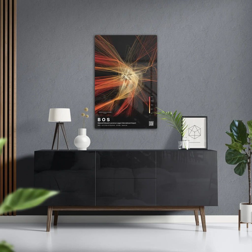 BOS flight path print — Inferno theme · Dark in foyer setting [hotspot:50]
