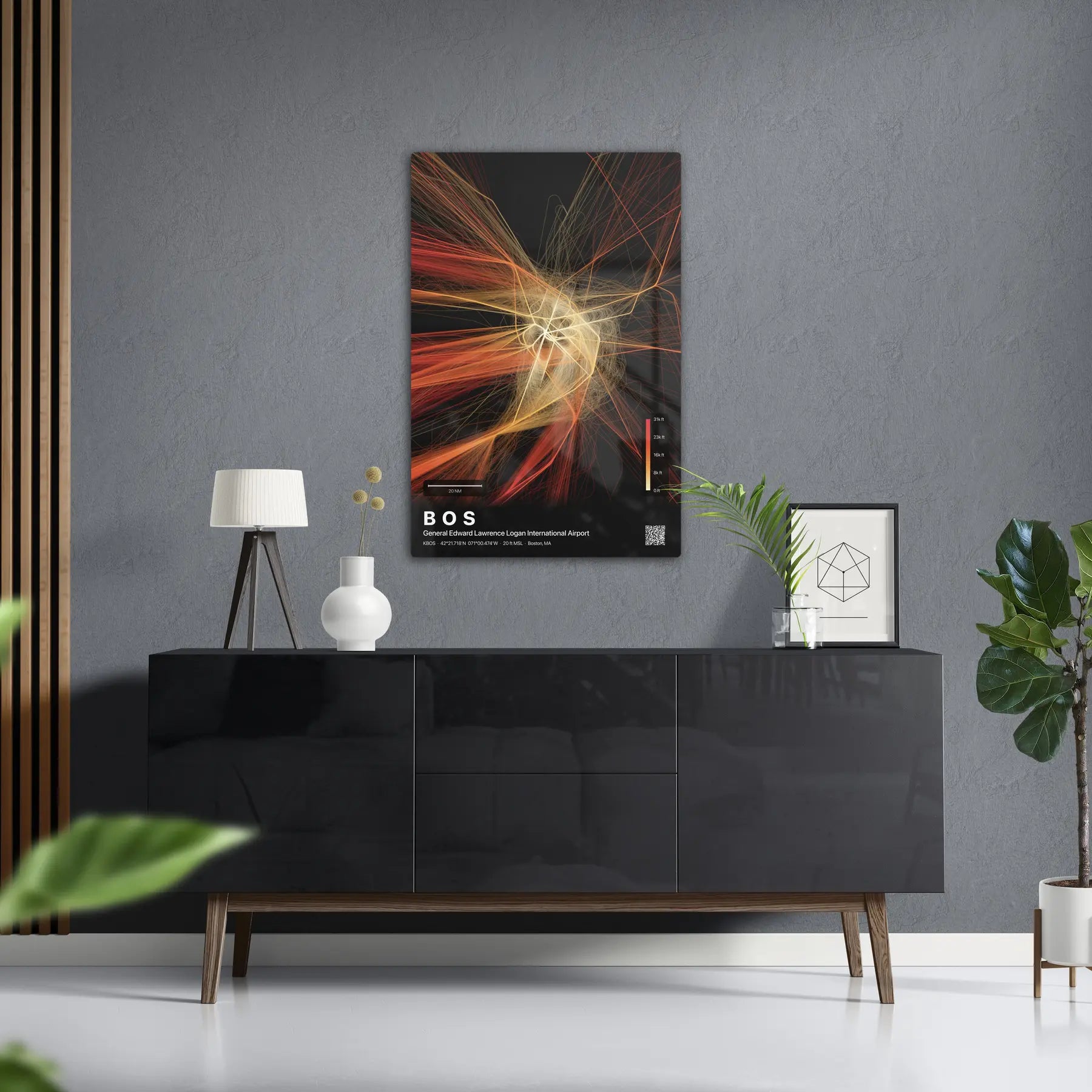 BOS flight path print — Inferno theme · Dark in foyer setting [hotspot:50]