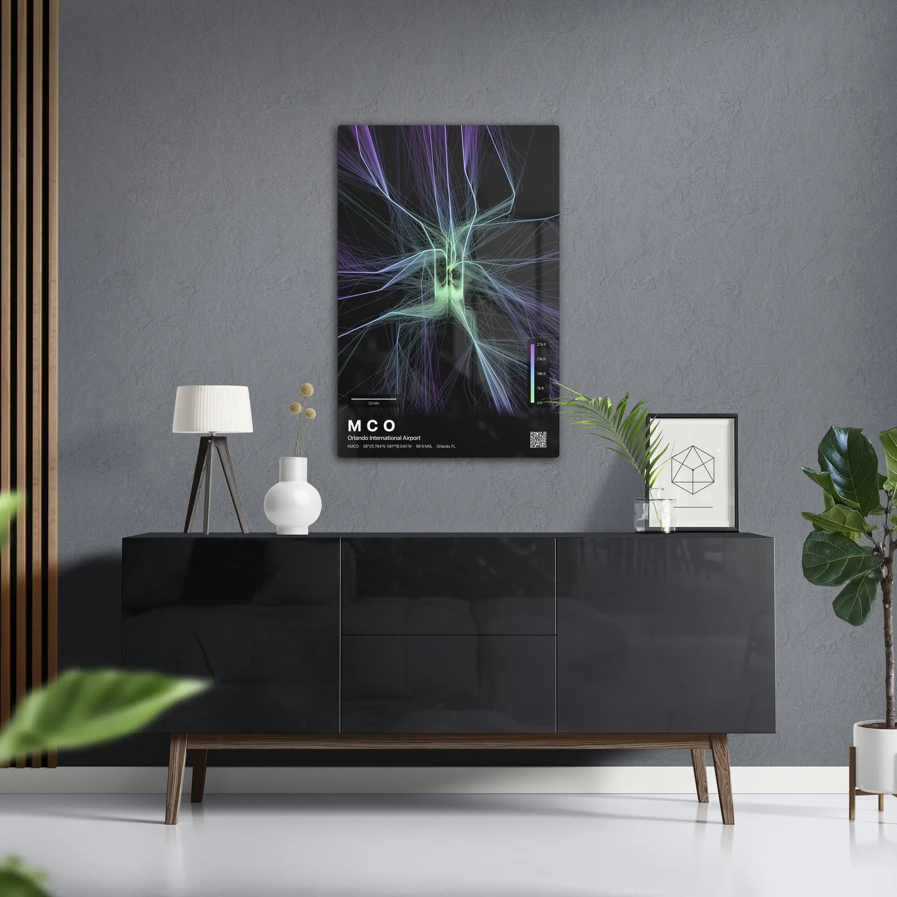 MCO flight path print — Prism theme · Dark in foyer setting [hotspot:50]