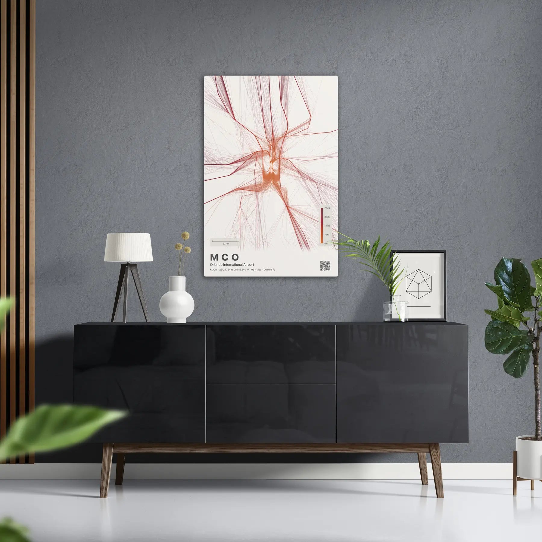 MCO flight path print — Inferno theme · Light in foyer setting [hotspot:50]