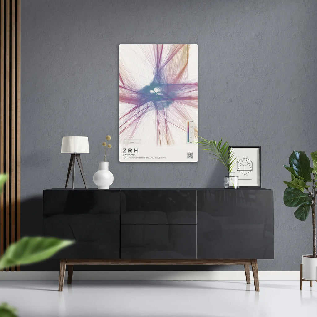 ZRH flight path print — Aurora theme · Light in foyer setting [hotspot:50]