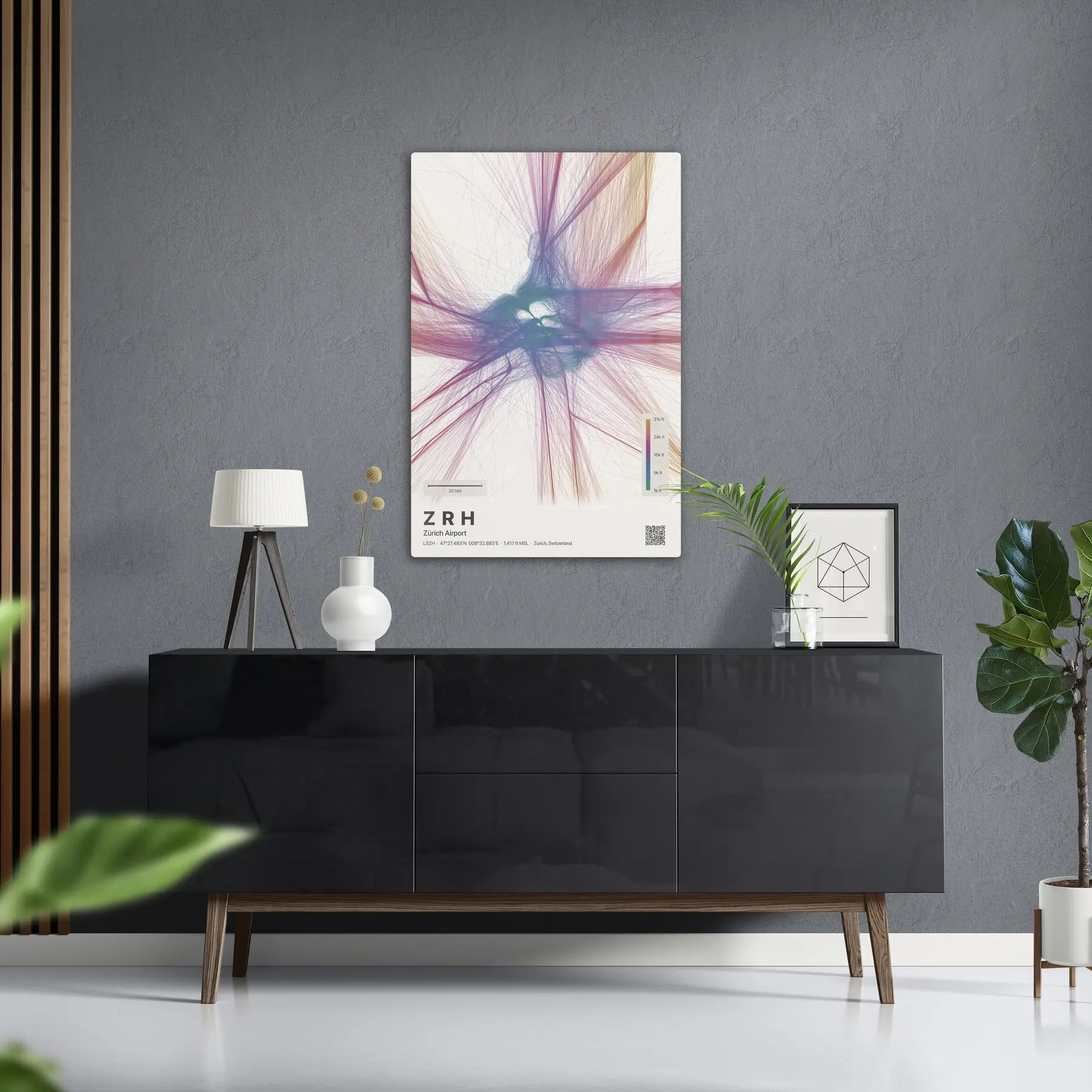 ZRH flight path print — Aurora theme · Light in foyer setting [hotspot:50]