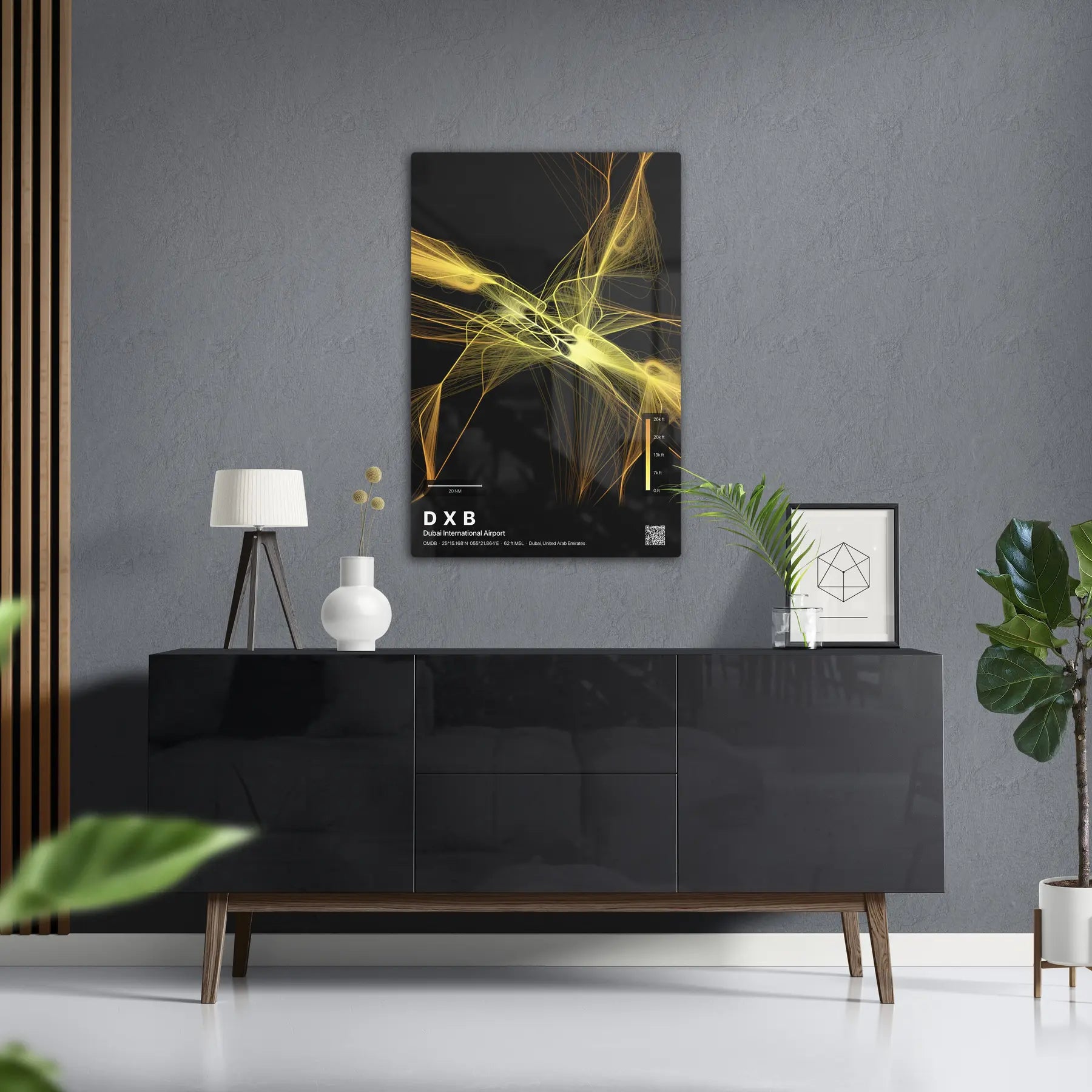 DXB flight path print — Solana theme · Dark in foyer setting [hotspot:50]