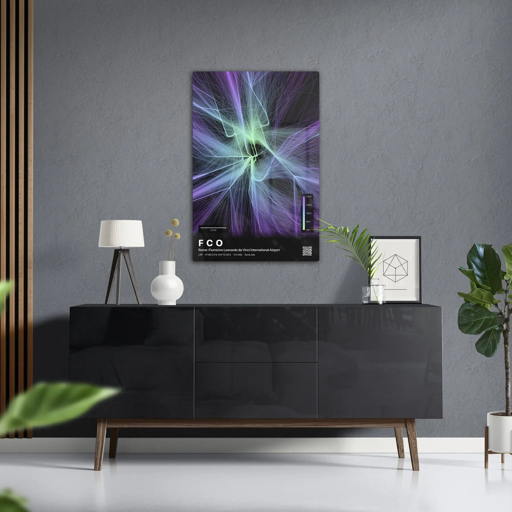 FCO flight path print — Prism theme · Dark in foyer setting [hotspot:50]