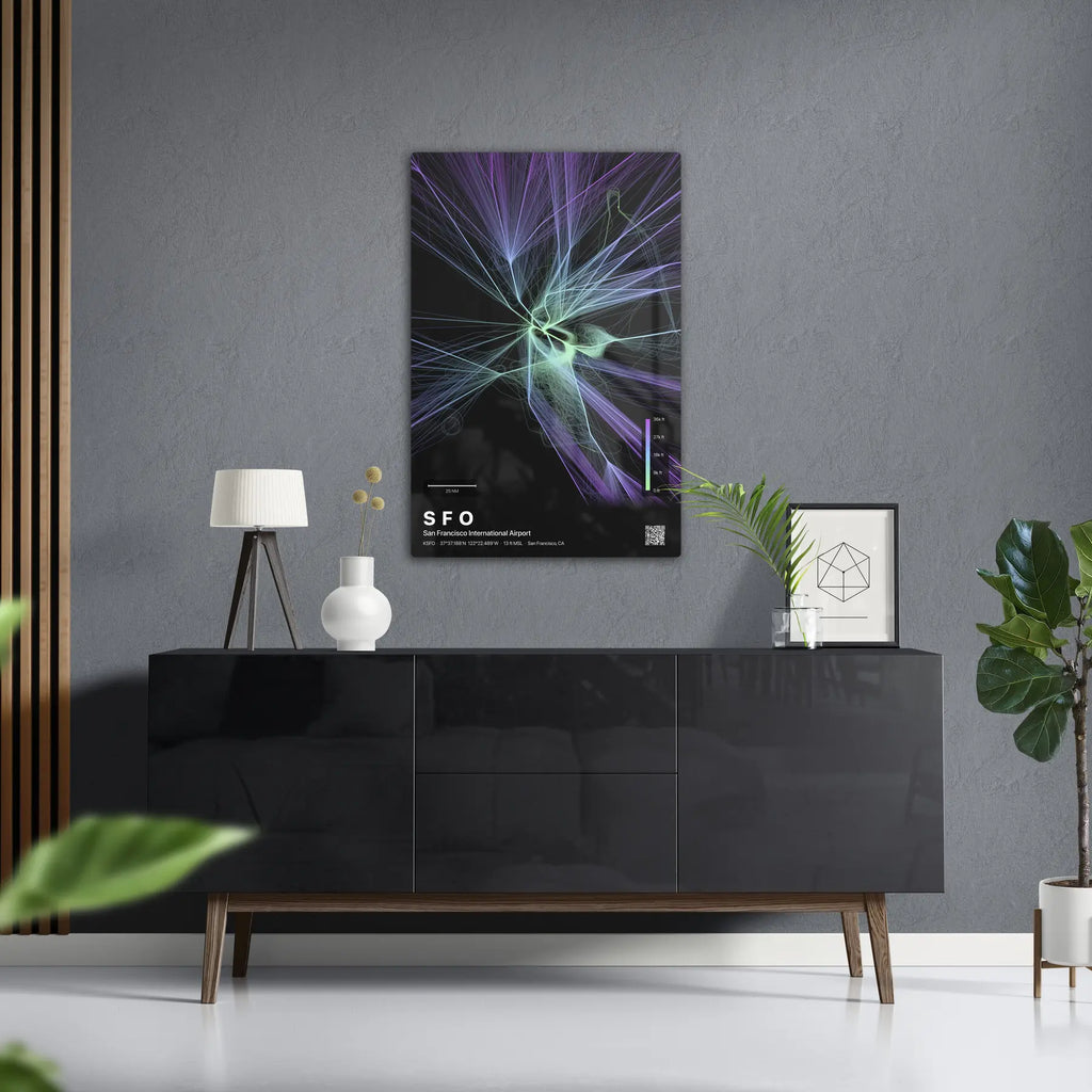 SFO flight path print — Prism theme · Dark in foyer setting [hotspot:50]
