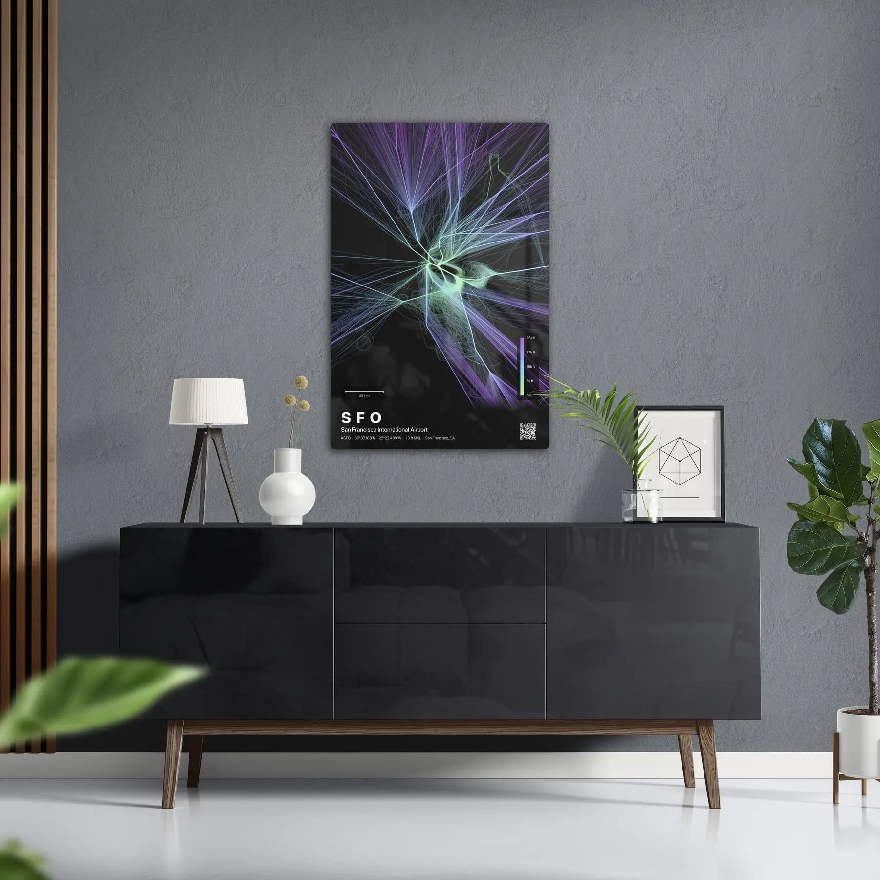 SFO flight path print — Prism theme · Dark in foyer setting [hotspot:50]