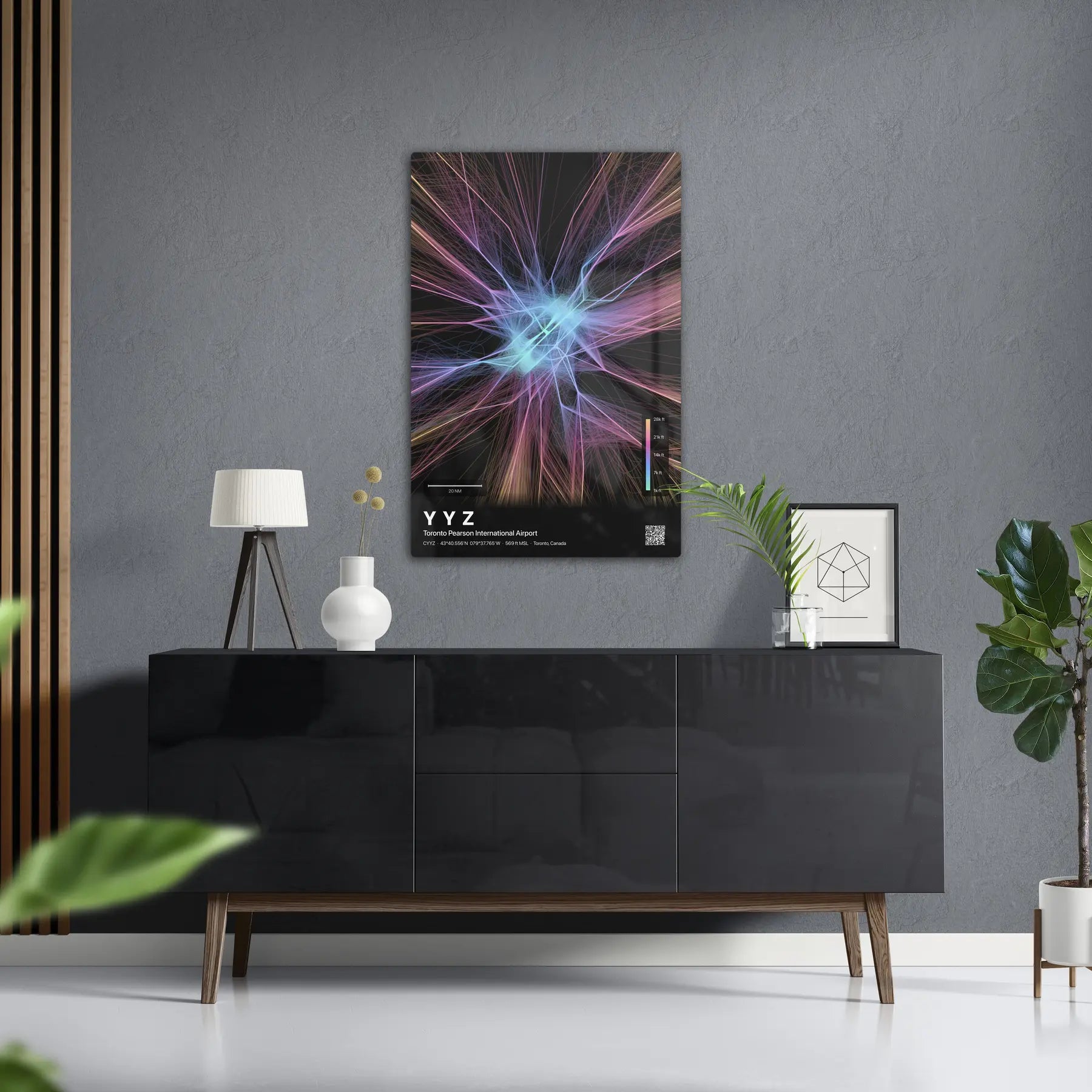 YYZ flight path print — Aurora theme · Dark in foyer setting [hotspot:50]