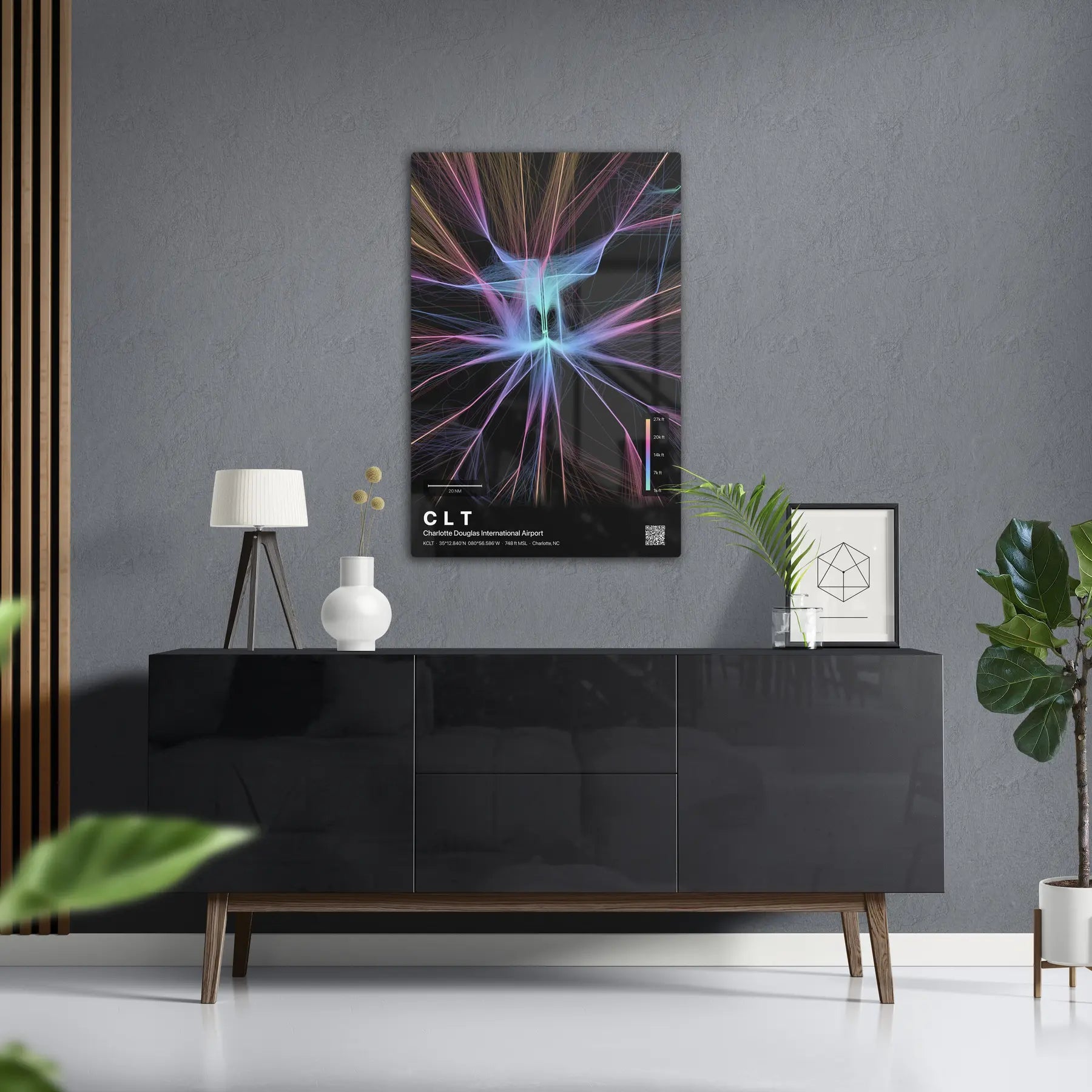 CLT flight path print — Aurora theme · Dark in foyer setting [hotspot:50]