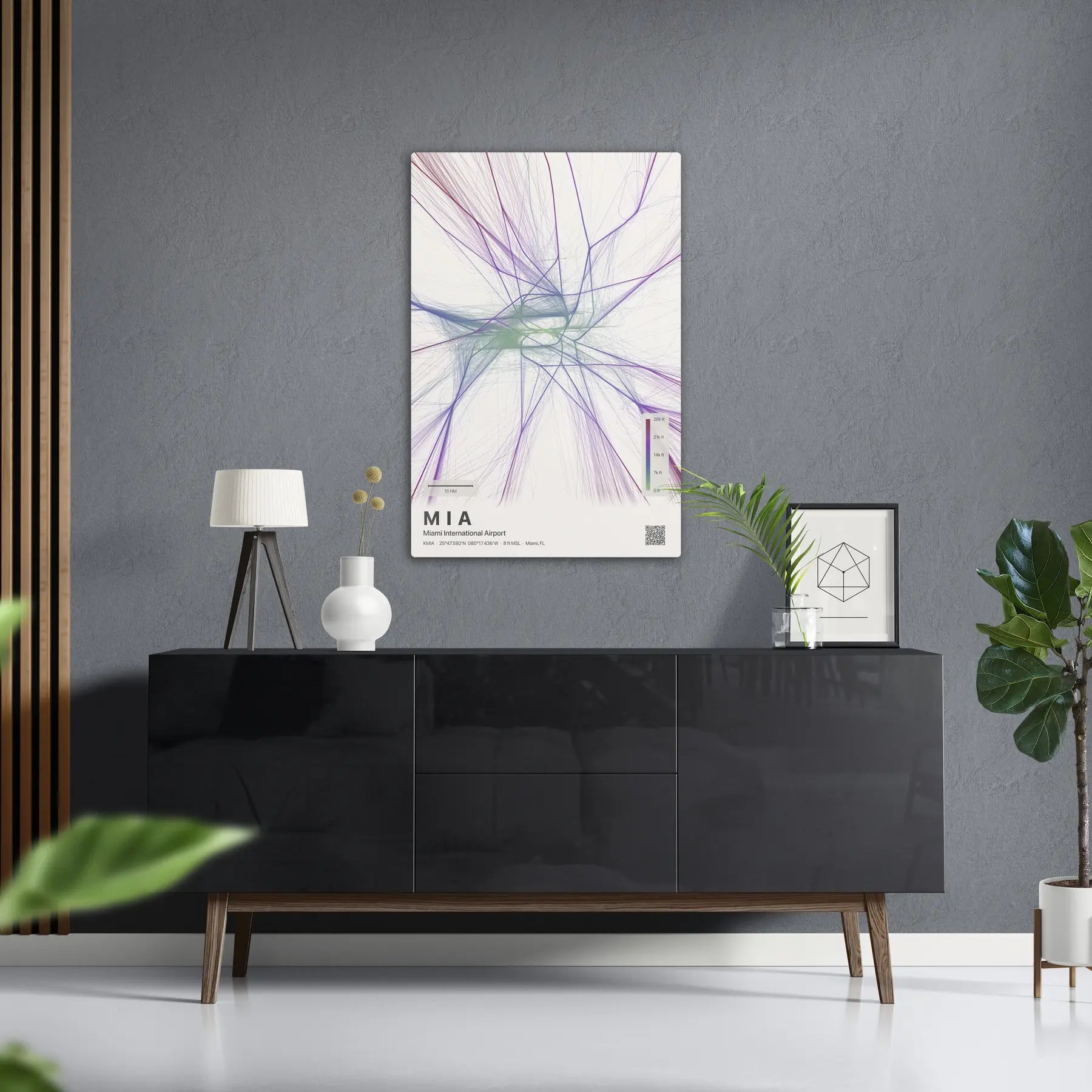 MIA flight path print — Prism theme · Light in foyer setting [hotspot:50]