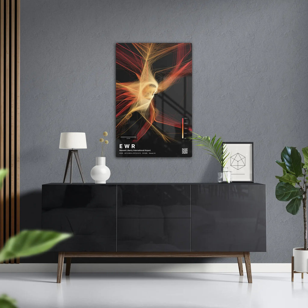 EWR flight path print — Inferno theme · Dark in foyer setting [hotspot:50]
