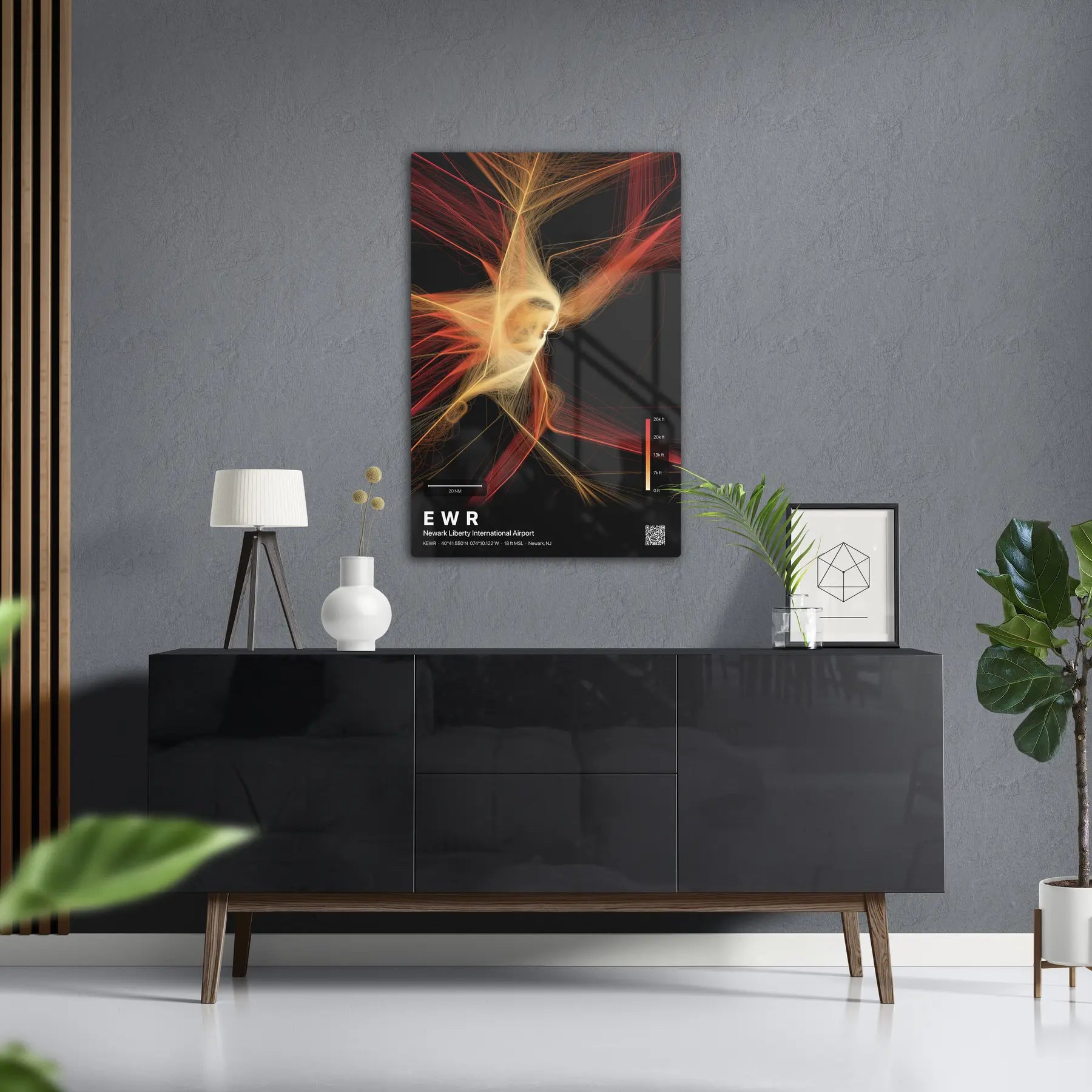EWR flight path print — Inferno theme · Dark in foyer setting [hotspot:50]