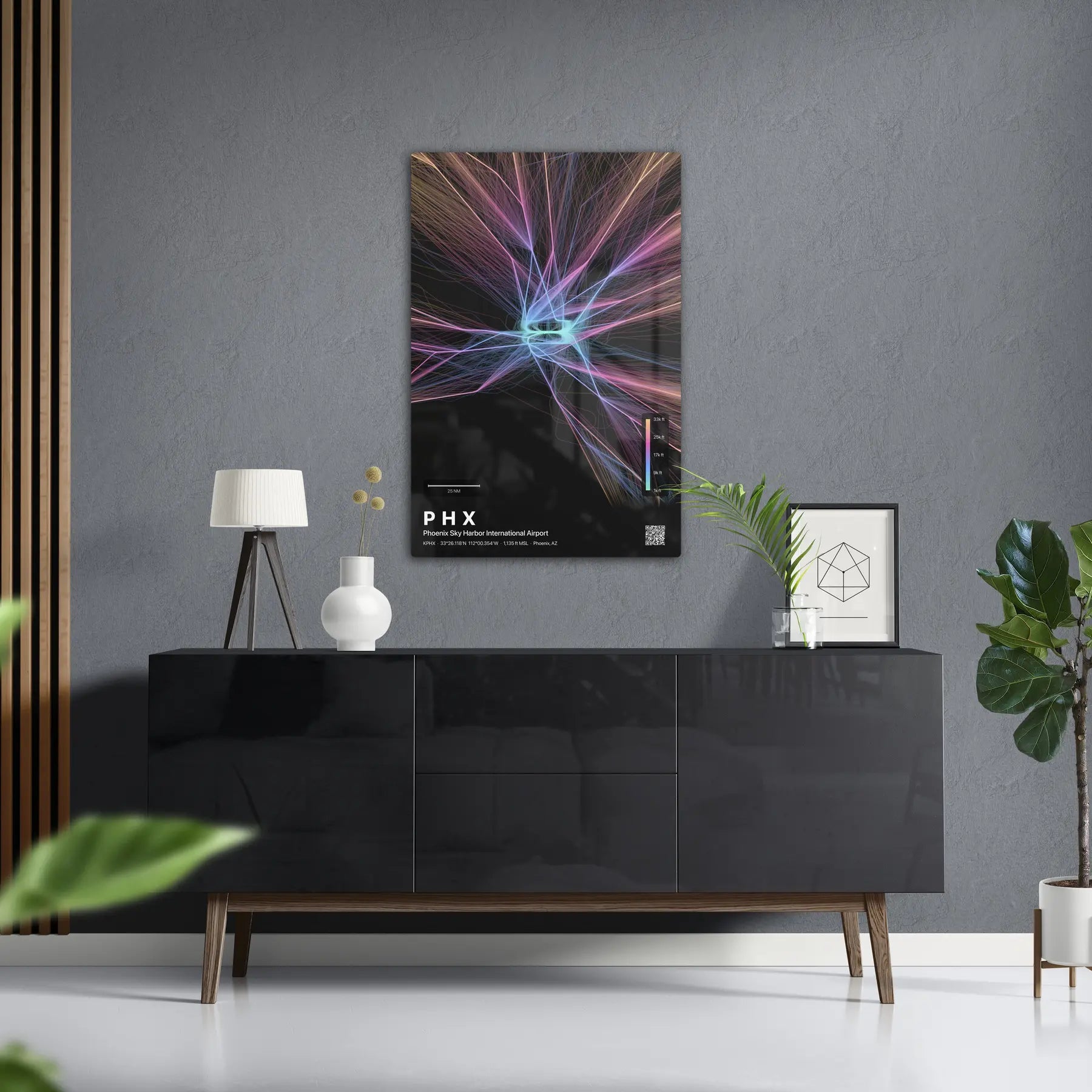 PHX flight path print — Aurora theme · Dark in foyer setting [hotspot:50]