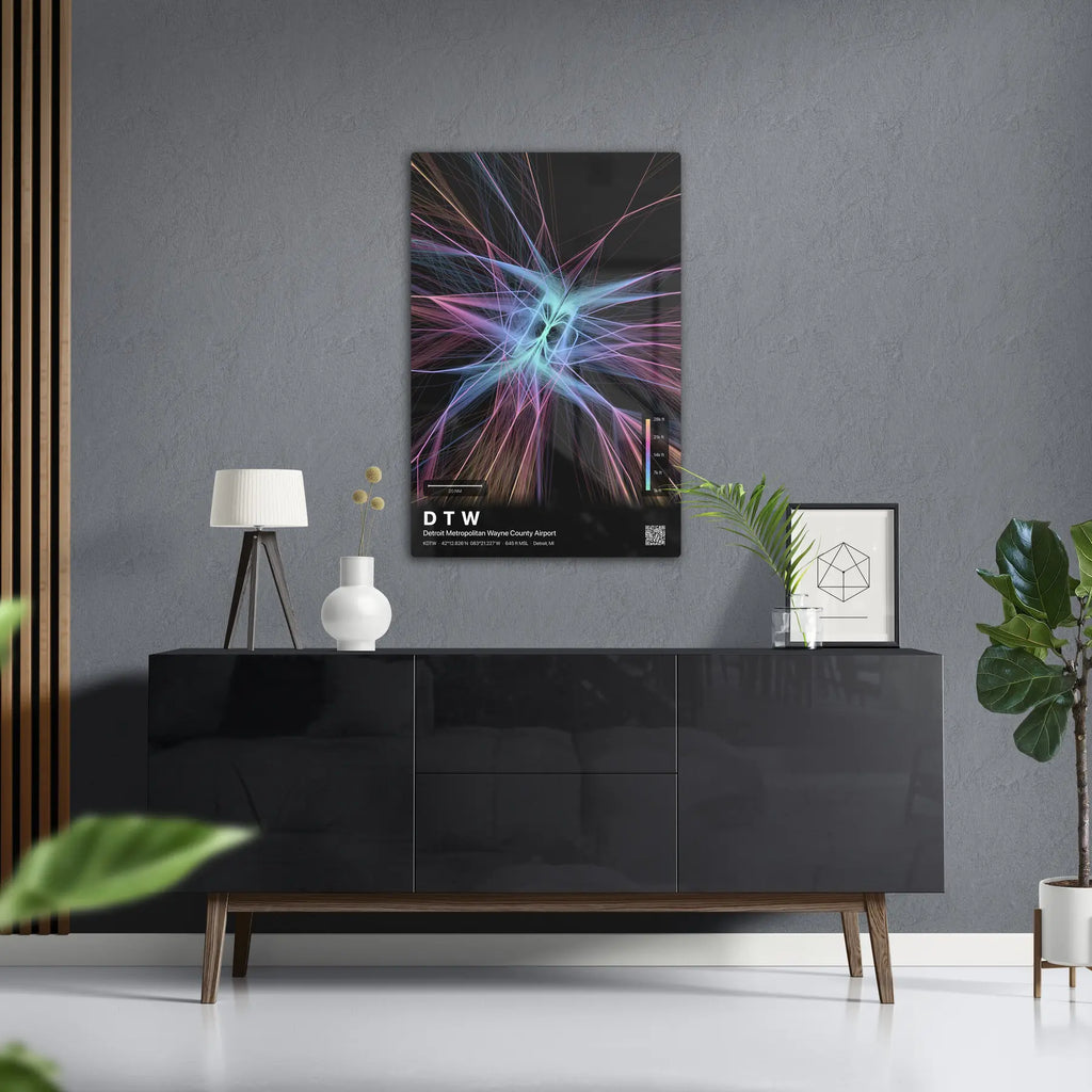 DTW flight path print — Aurora theme · Dark in foyer setting [hotspot:50]