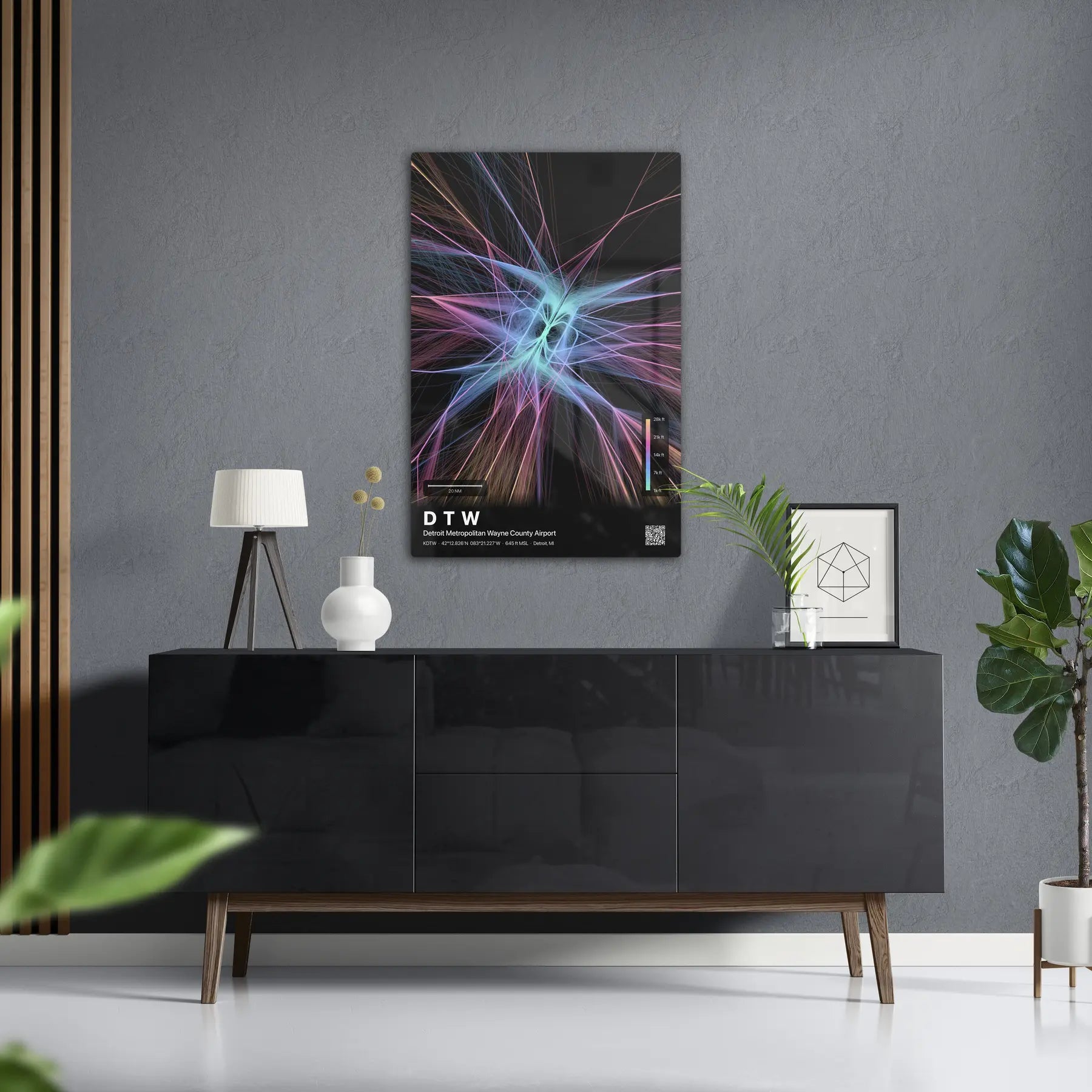 DTW flight path print — Aurora theme · Dark in foyer setting [hotspot:50]