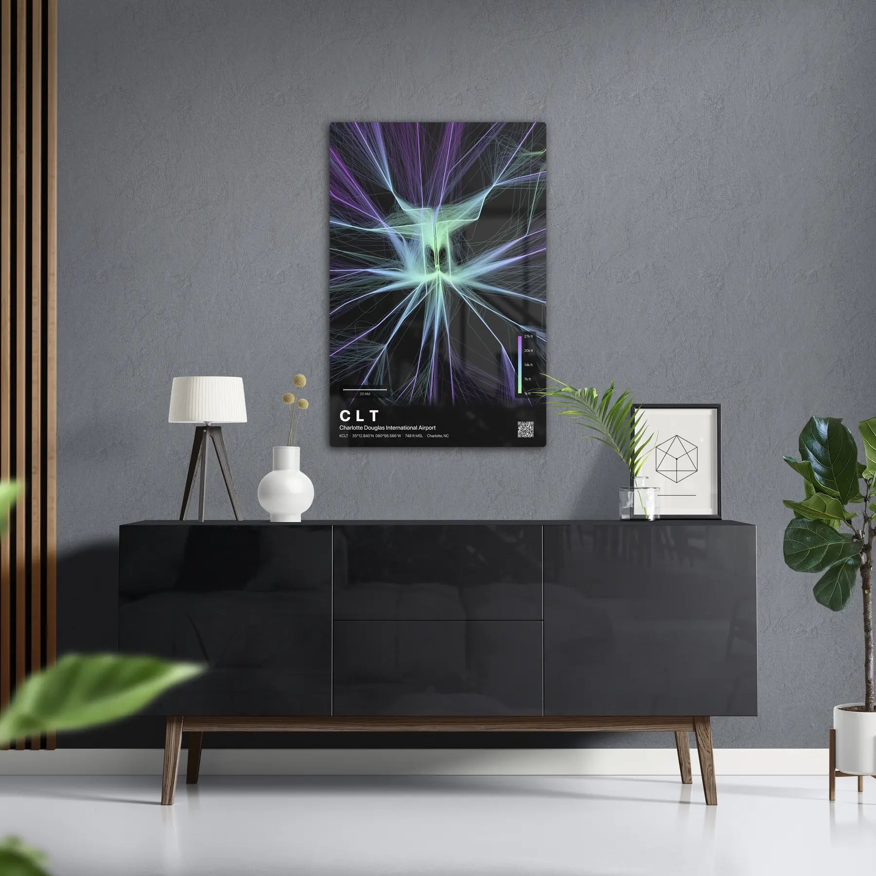 CLT flight path print — Prism theme · Dark in foyer setting [hotspot:50]