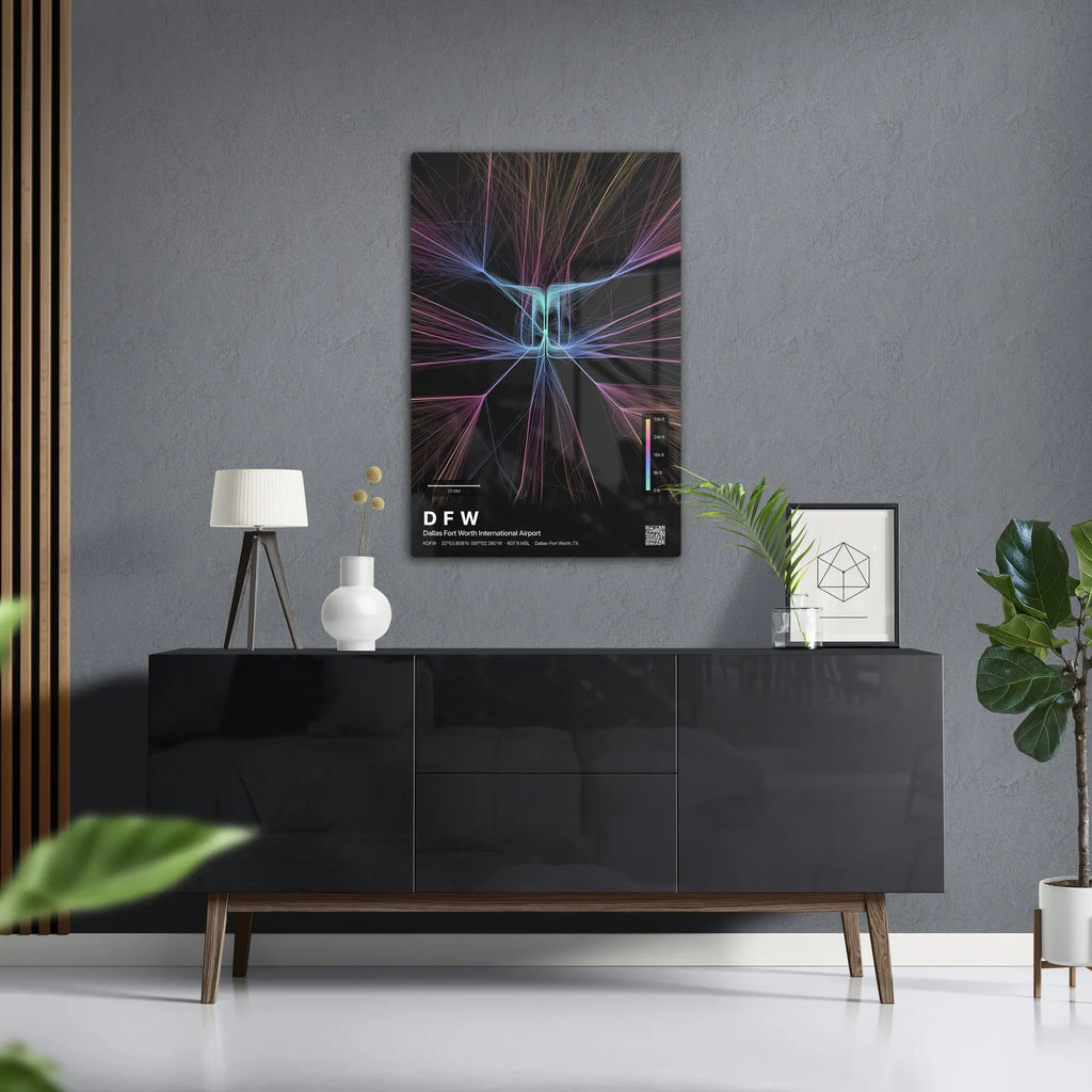 DFW flight path print — Aurora theme · Dark in foyer setting [hotspot:50]
