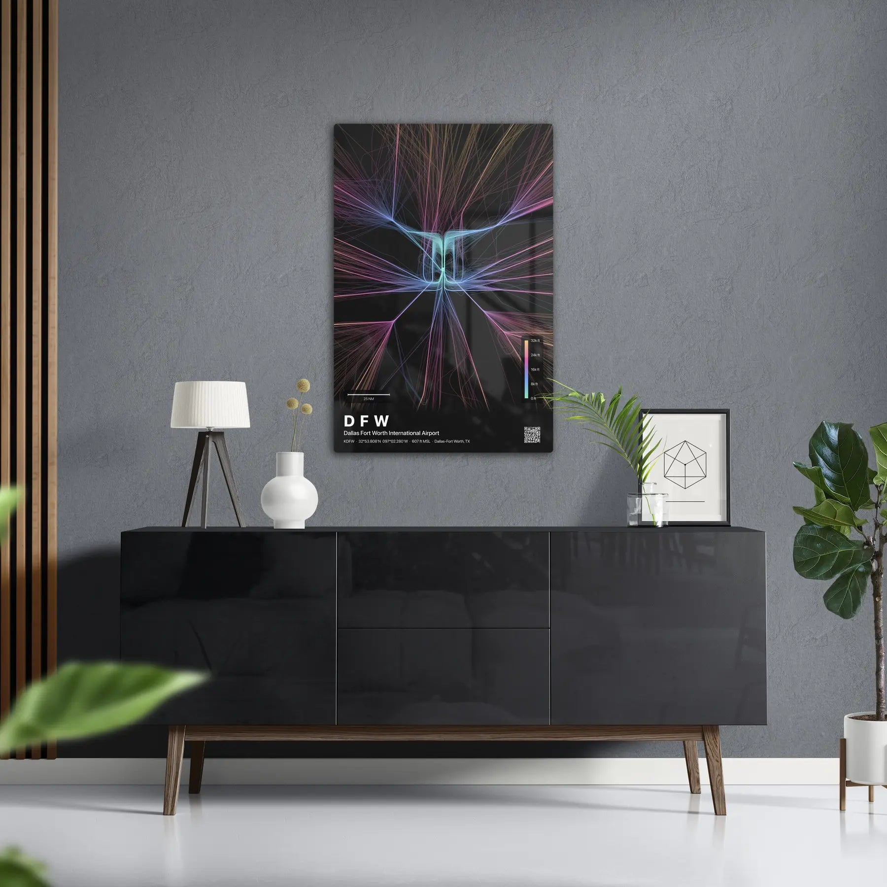 DFW flight path print — Aurora theme · Dark in foyer setting [hotspot:50]