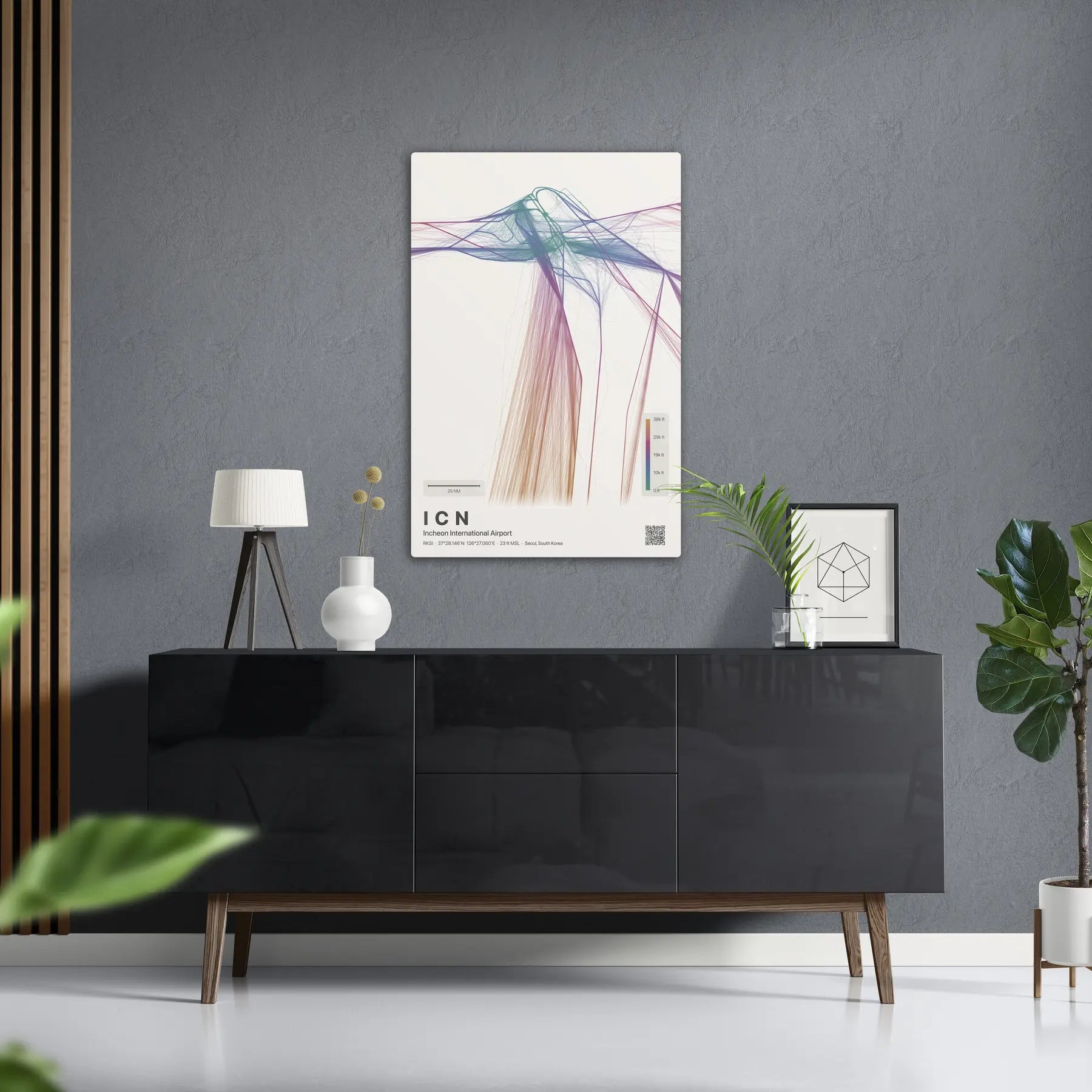 ICN flight path print — Aurora theme · Light in foyer setting [hotspot:50]