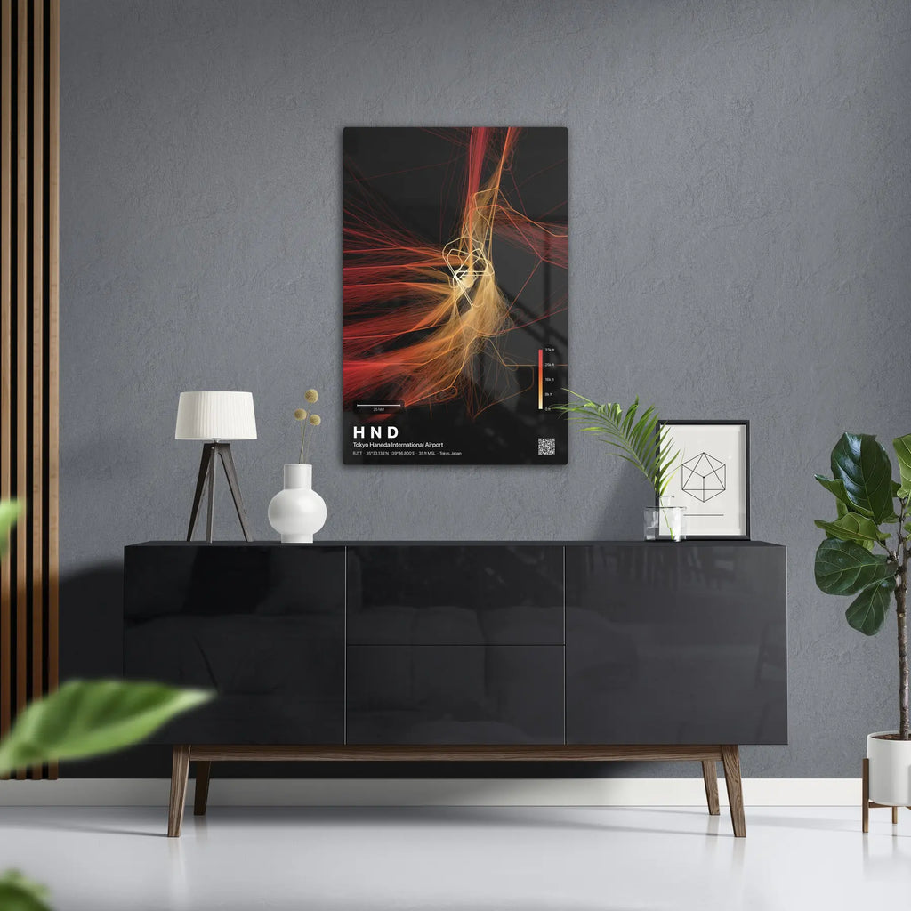 HND flight path print — Inferno theme · Dark in foyer setting [hotspot:50]