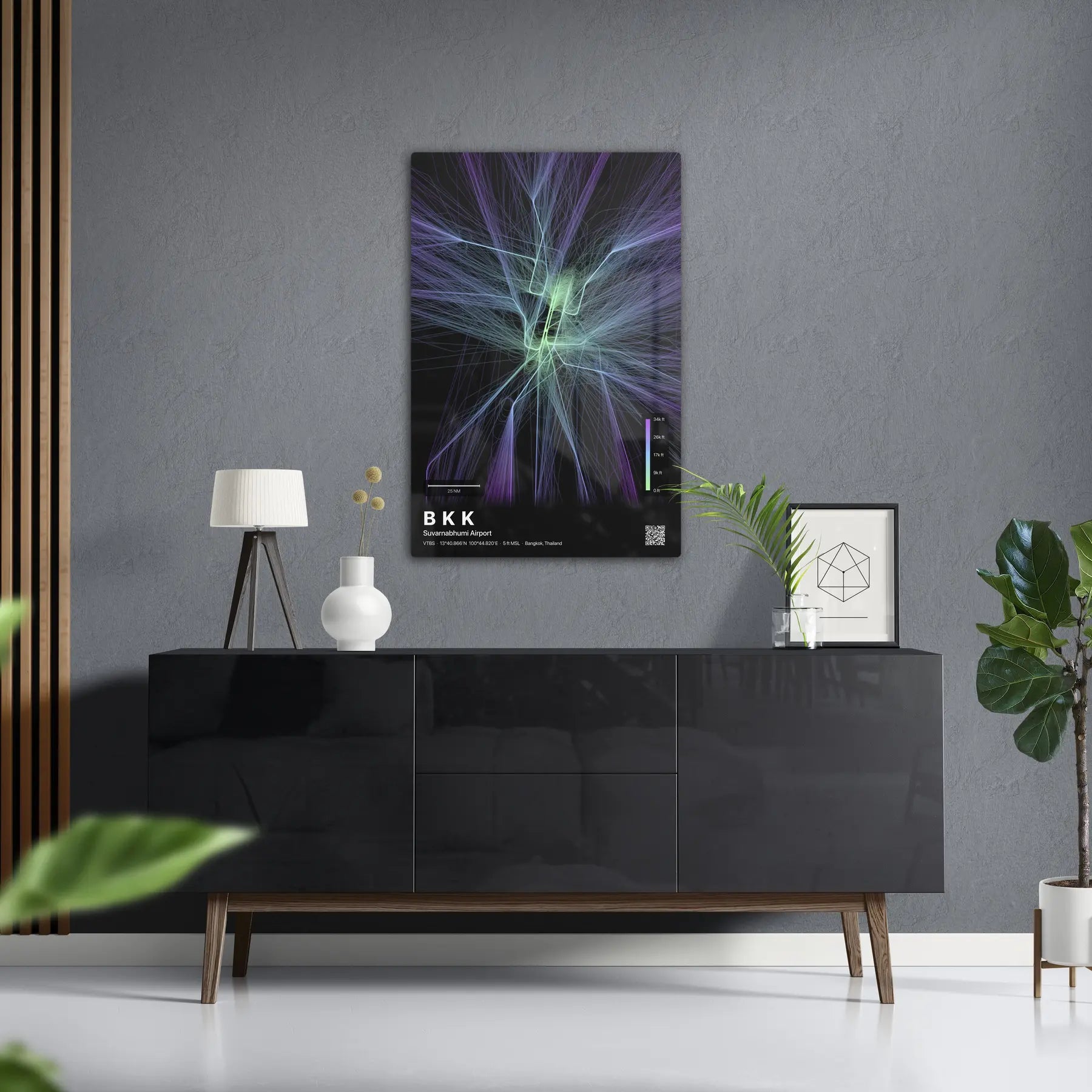BKK flight path print — Prism theme · Dark in foyer setting [hotspot:50]