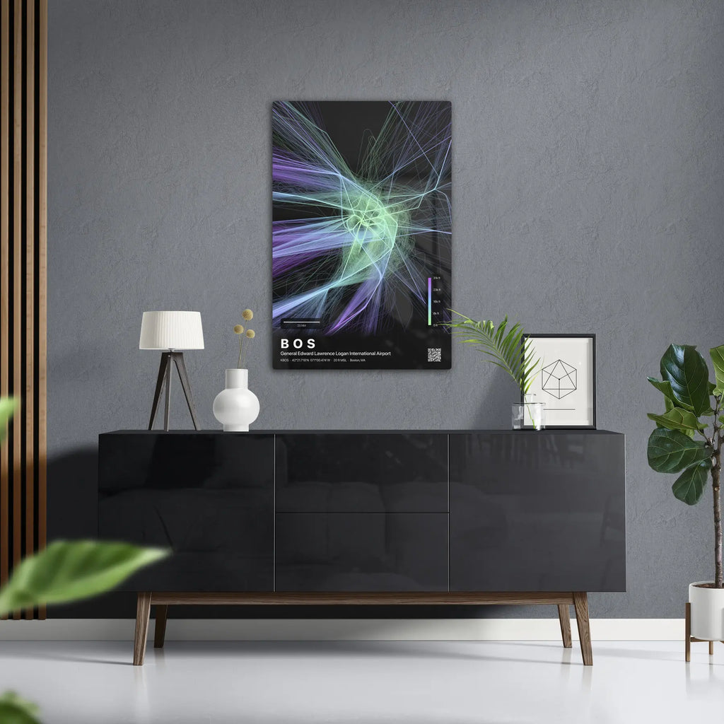 BOS flight path print — Prism theme · Dark in foyer setting [hotspot:50]