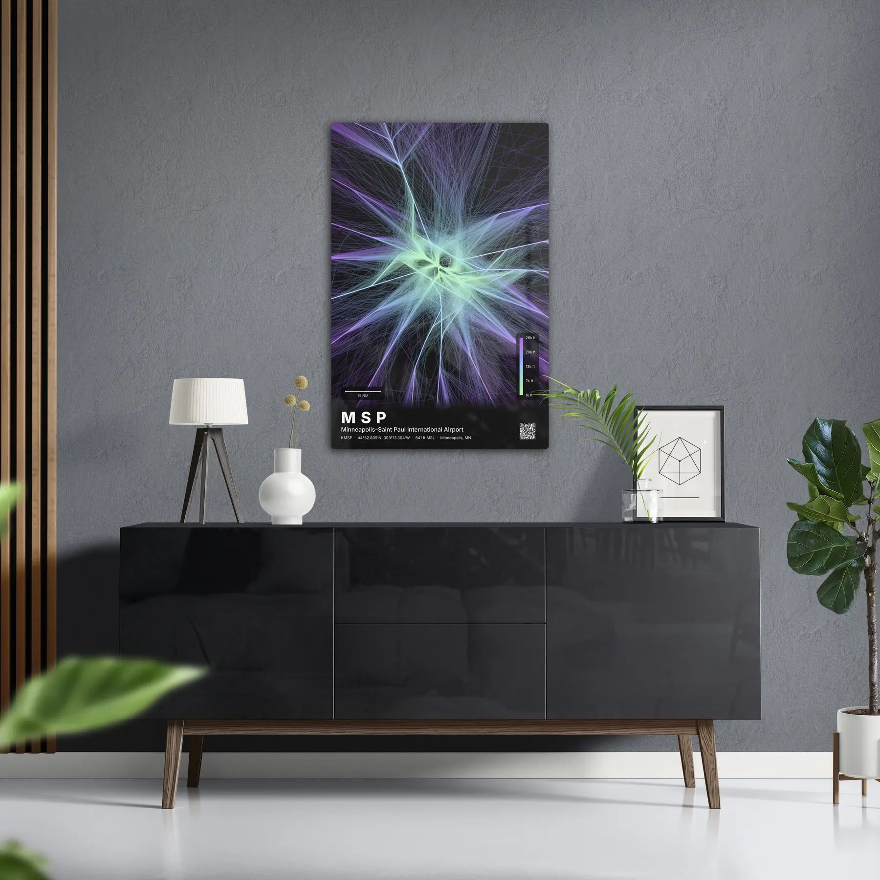 MSP flight path print — Prism theme · Dark in foyer setting [hotspot:50]
