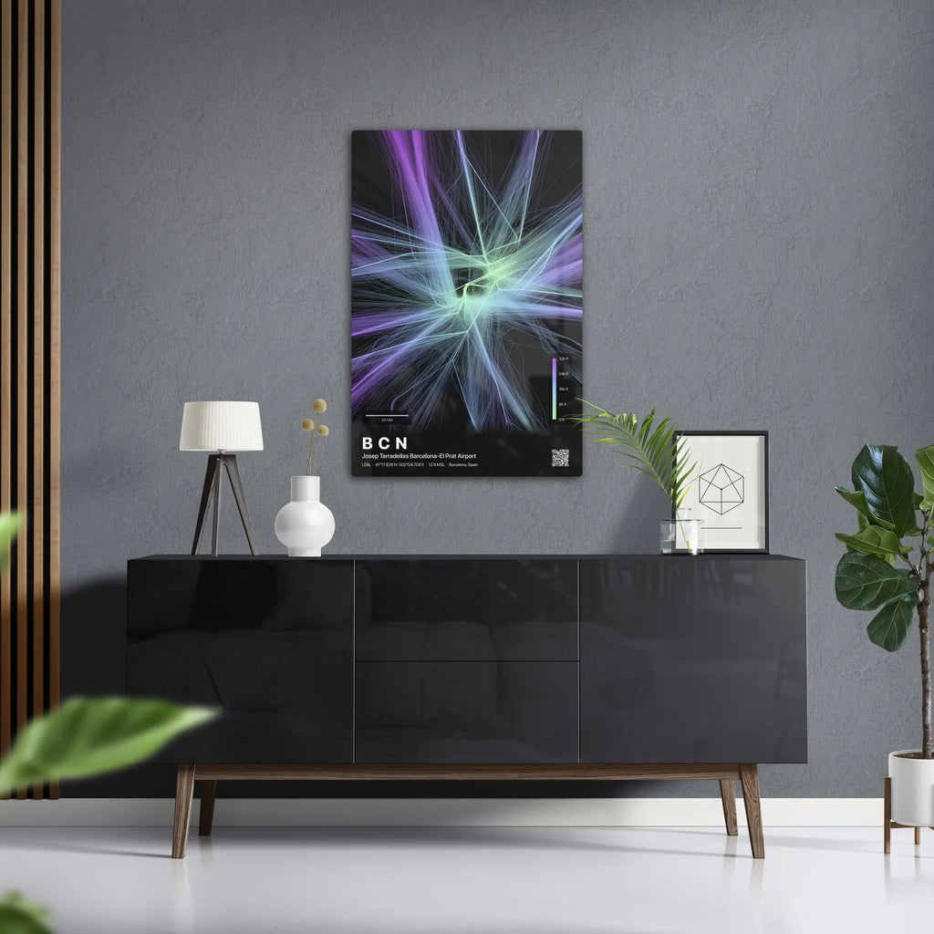 BCN flight path print — Prism theme · Dark in foyer setting [hotspot:50]