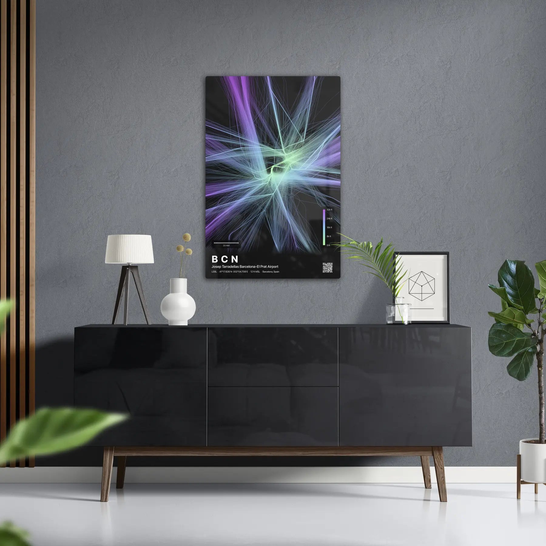 BCN flight path print — Prism theme · Dark in foyer setting [hotspot:50]