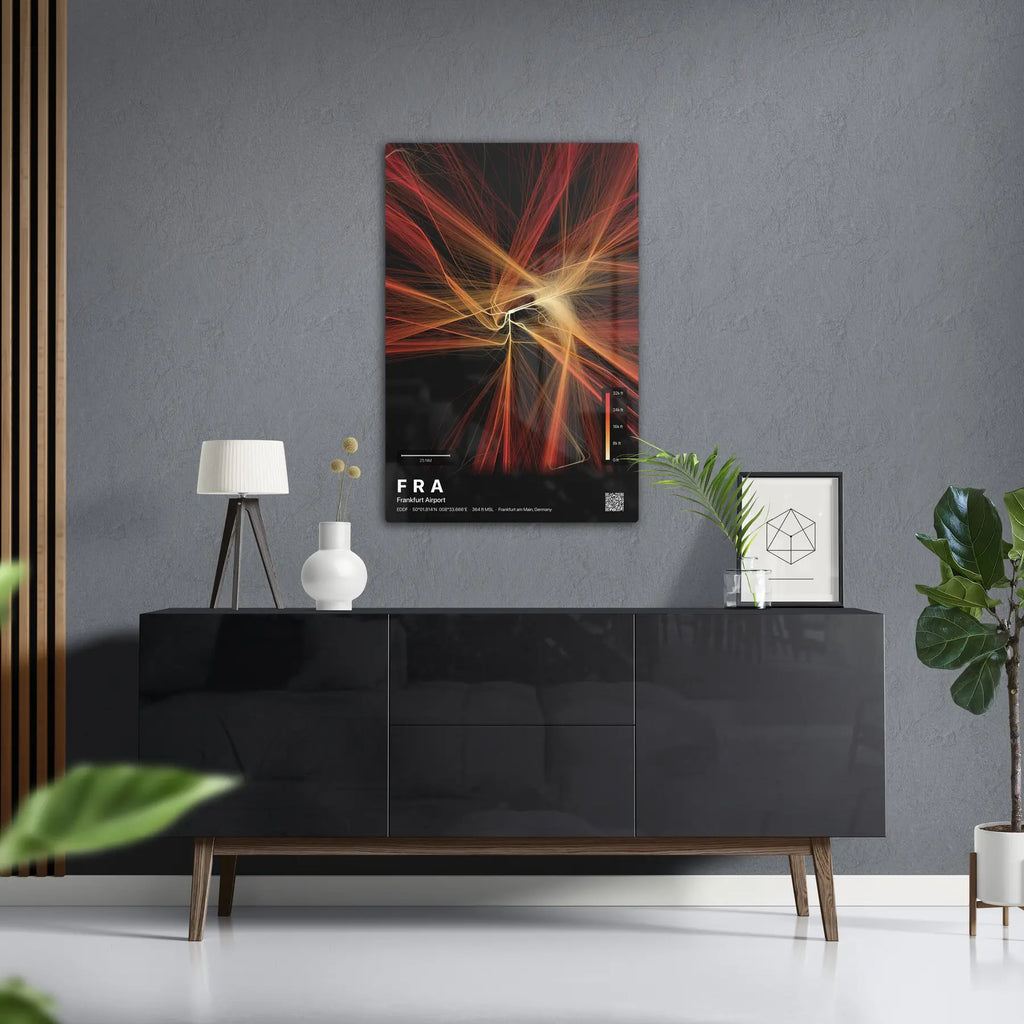 FRA flight path print — Inferno theme · Dark in foyer setting [hotspot:50]