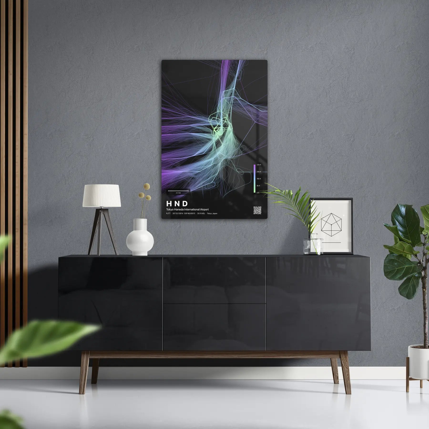 HND flight path print — Prism theme · Dark in foyer setting [hotspot:50]