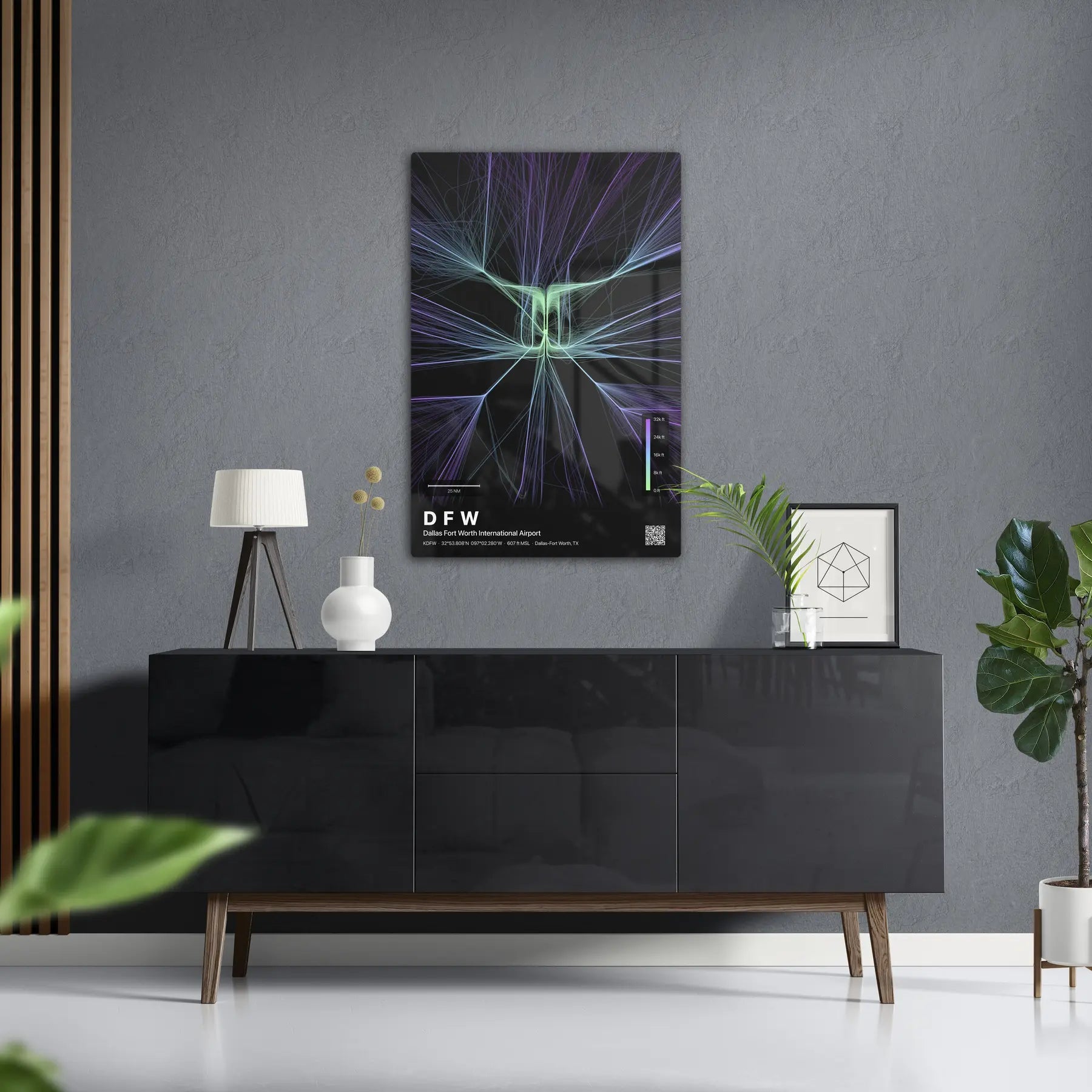 DFW flight path print — Prism theme · Dark in foyer setting [hotspot:50]