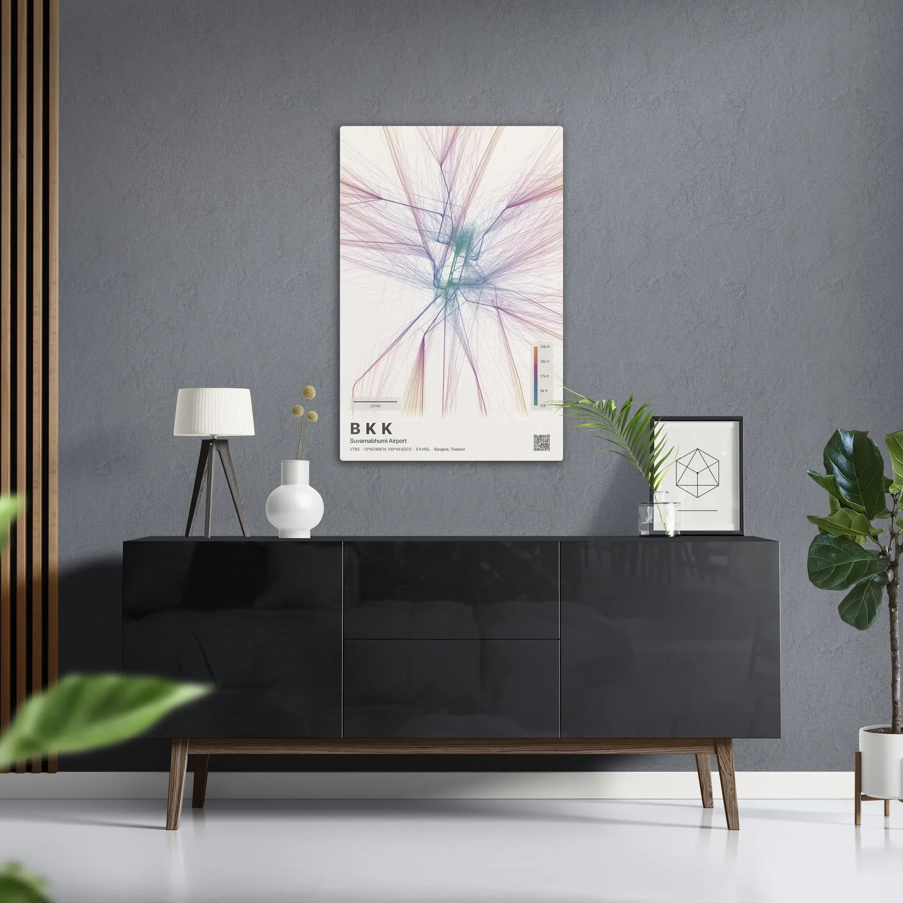 BKK flight path print — Aurora theme · Light in foyer setting [hotspot:50]