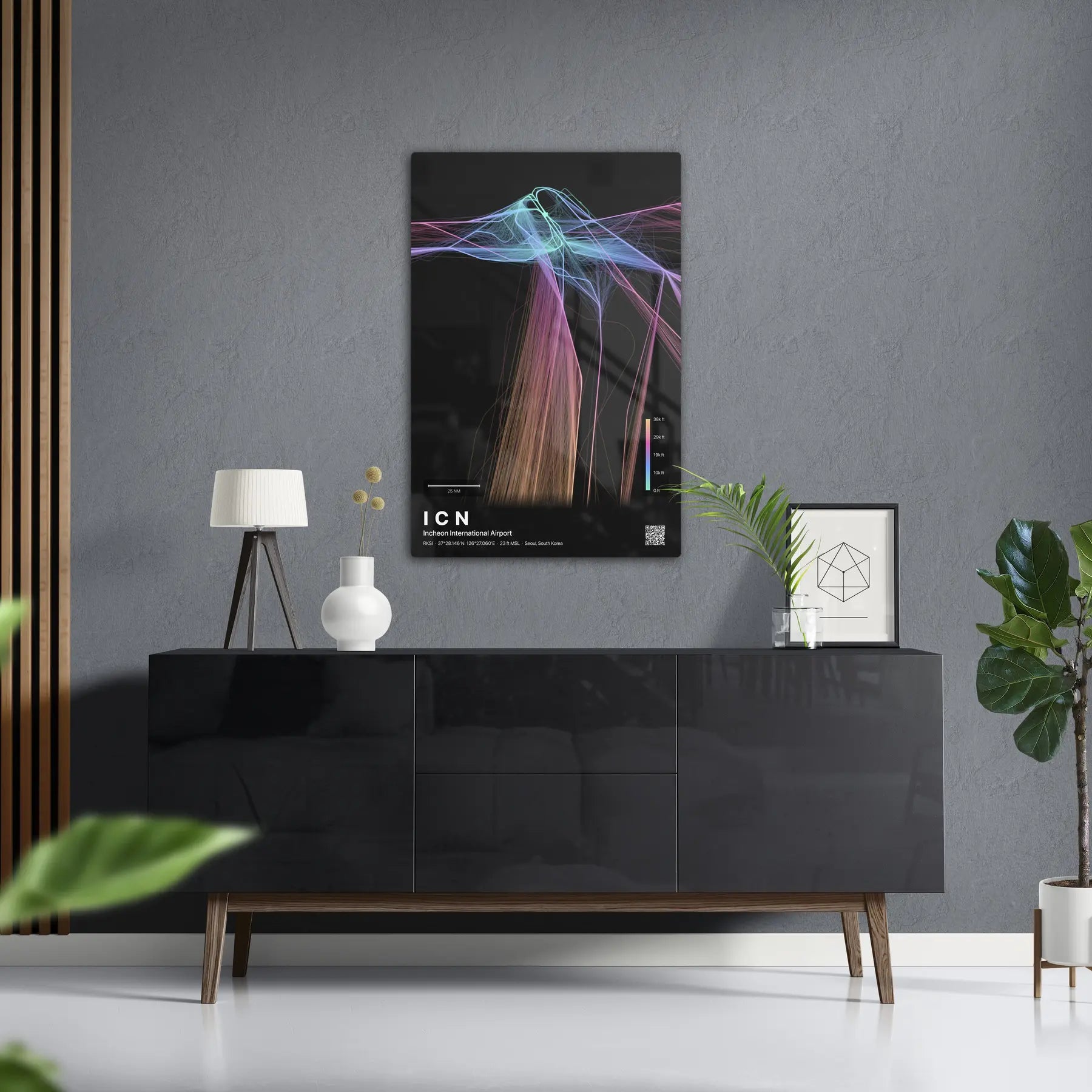ICN flight path print — Aurora theme · Dark in foyer setting [hotspot:50]
